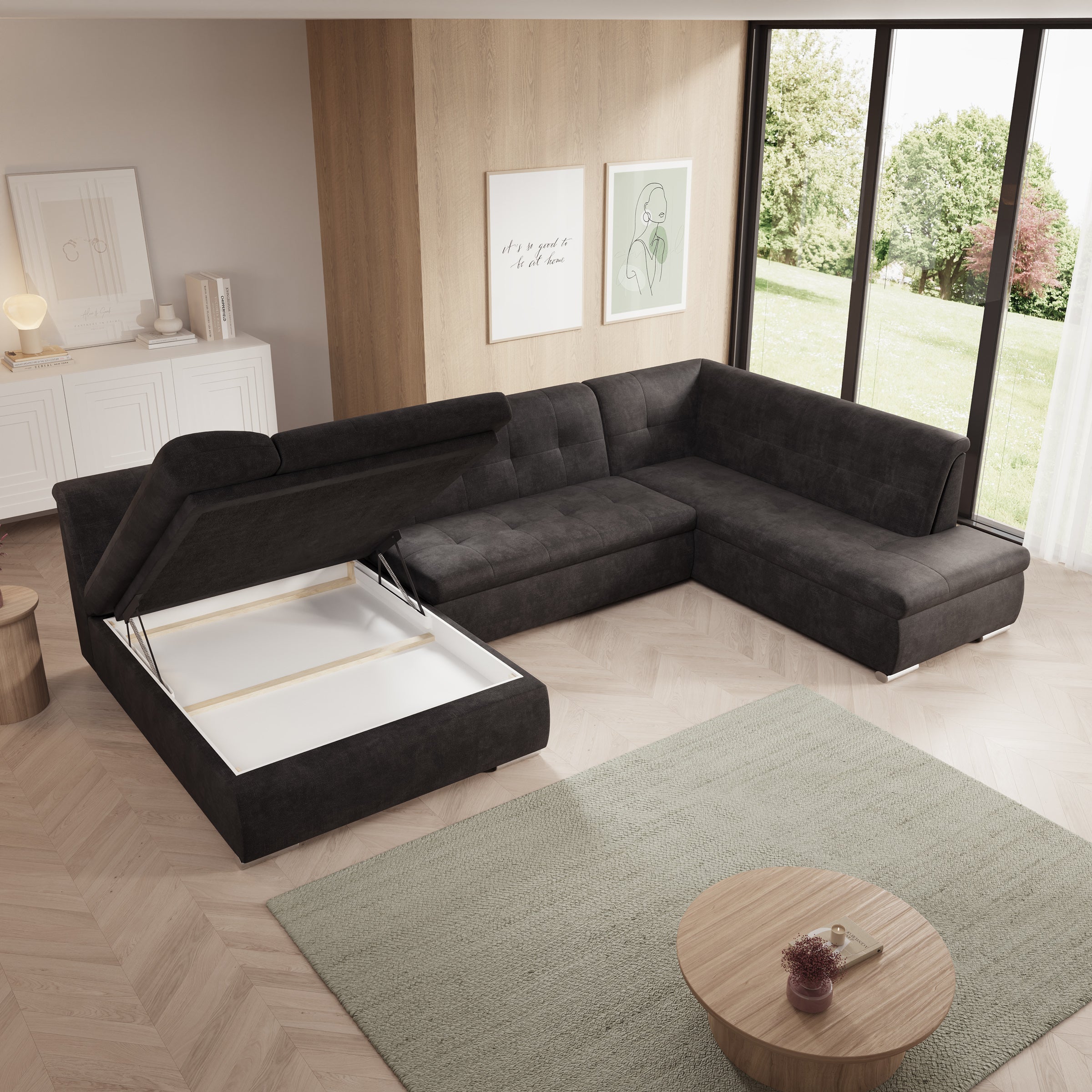Alberta XL - Hoekbank 5-zits met chaise longue - Velvet zwart - Links