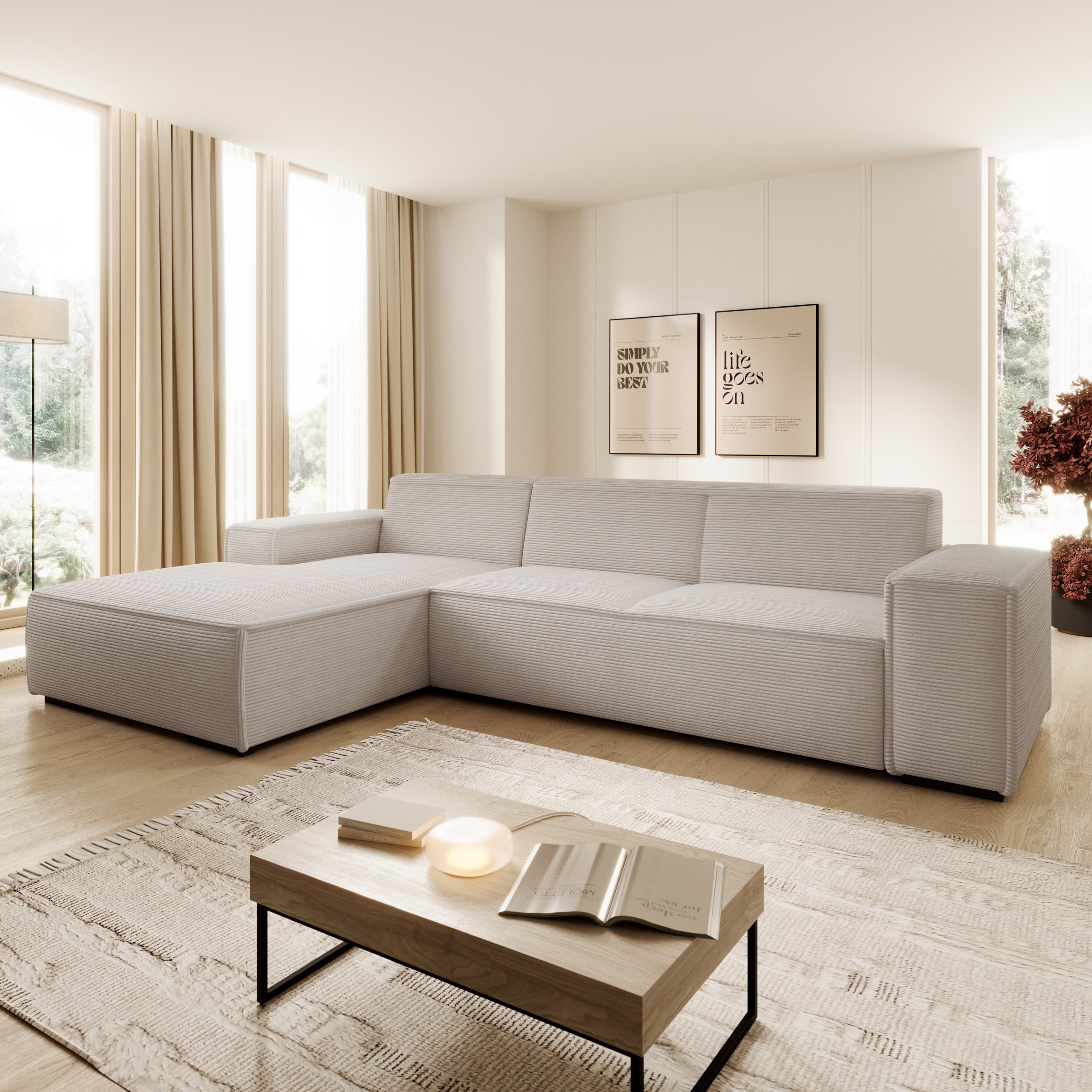 Cardiff - Hoekbank 3-zits met chaise longue - Ribstof beige - Links