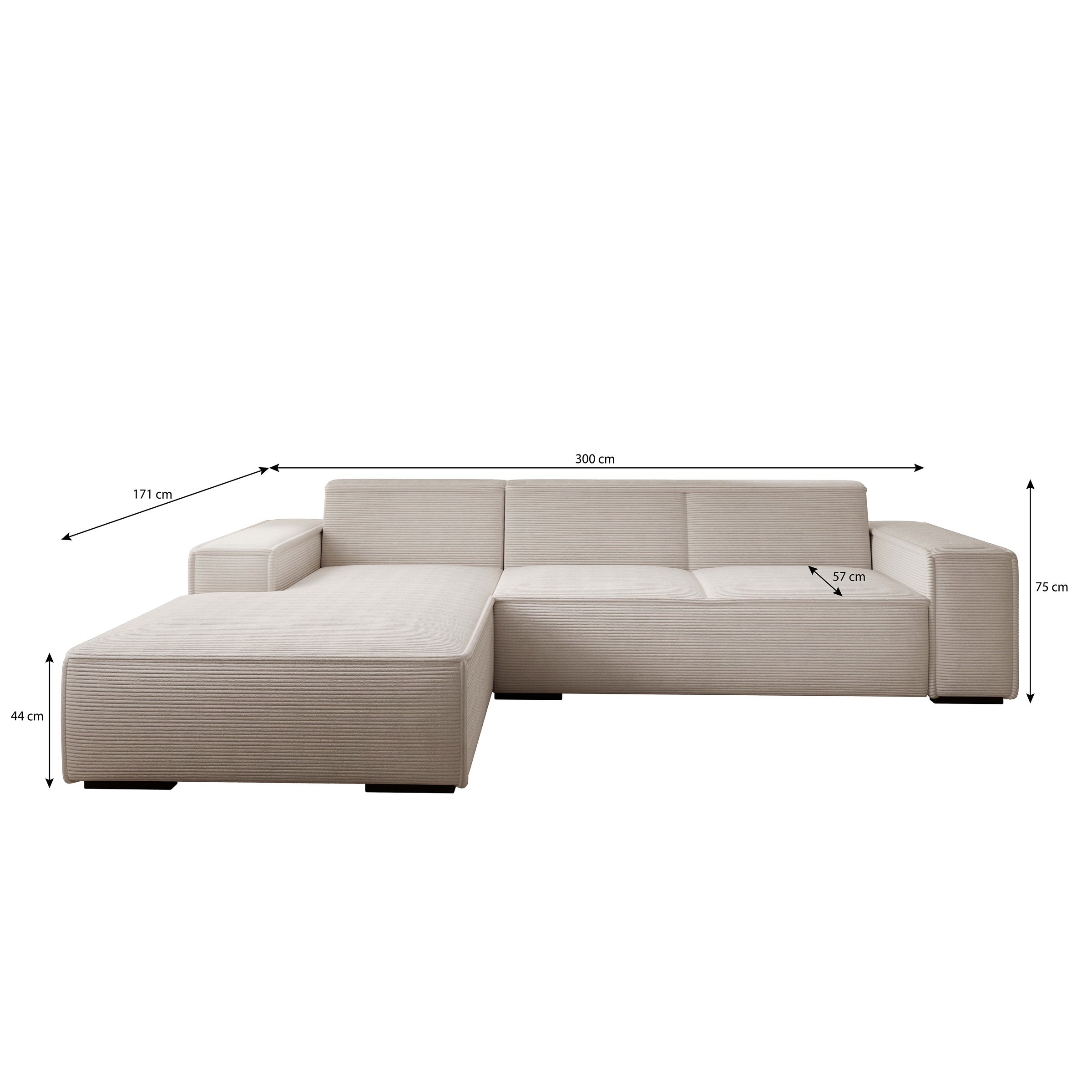 Cardiff - Hoekbank 3-zits met chaise longue - Ribstof beige - Links