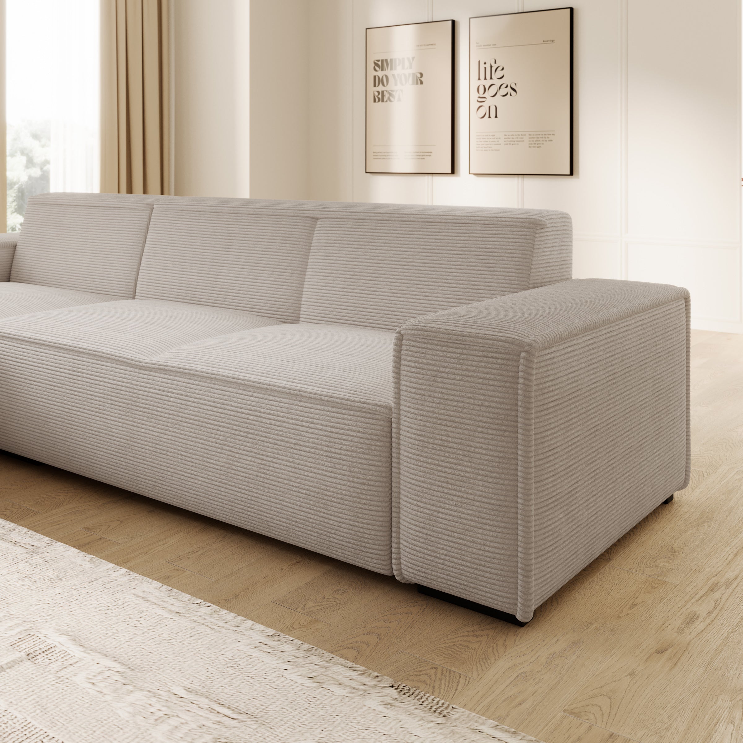 Cardiff - Hoekbank 3-zits met chaise longue - Ribstof beige - Links