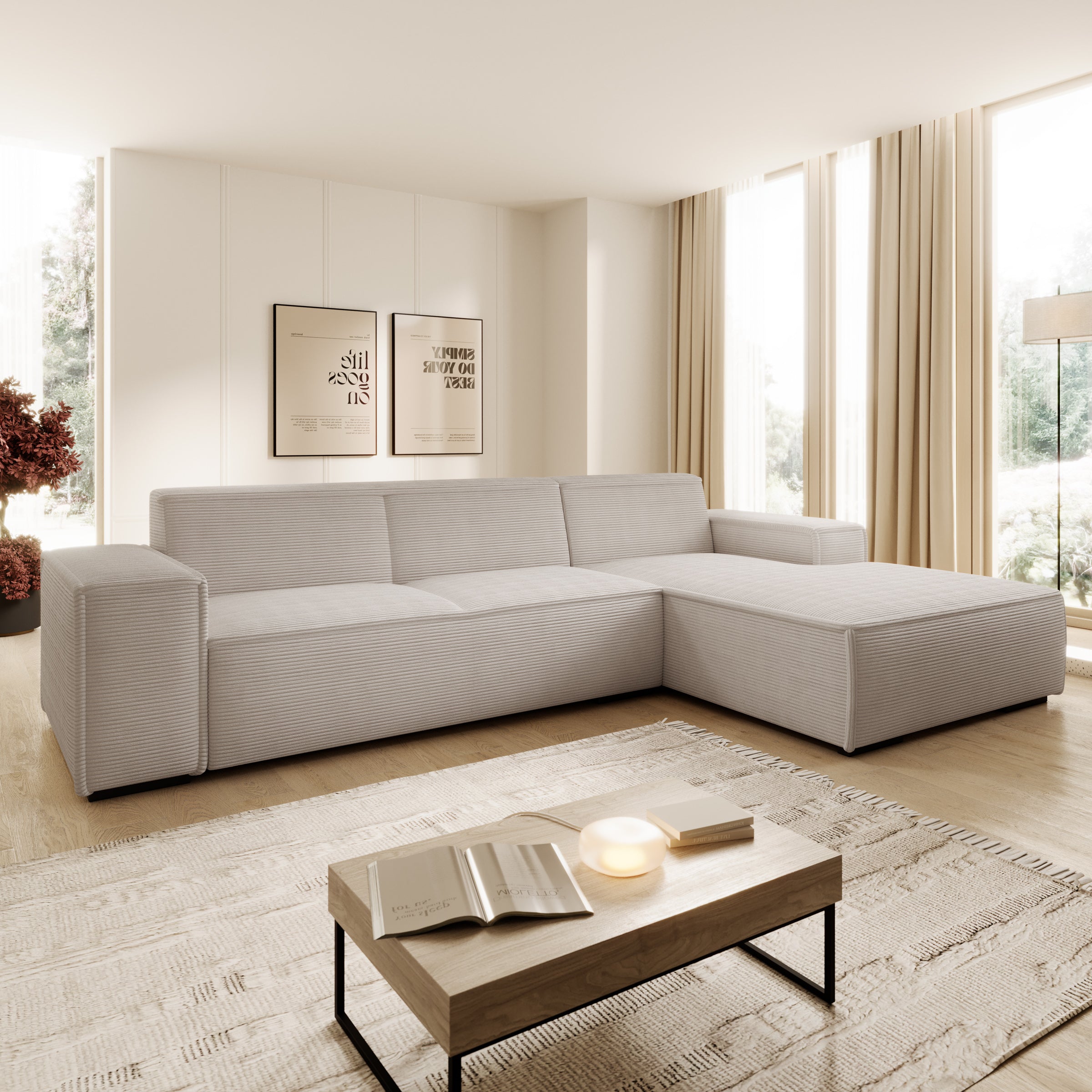 Cardiff - Hoekbank 3-zits met chaise longue - Ribstof beige - Rechts
