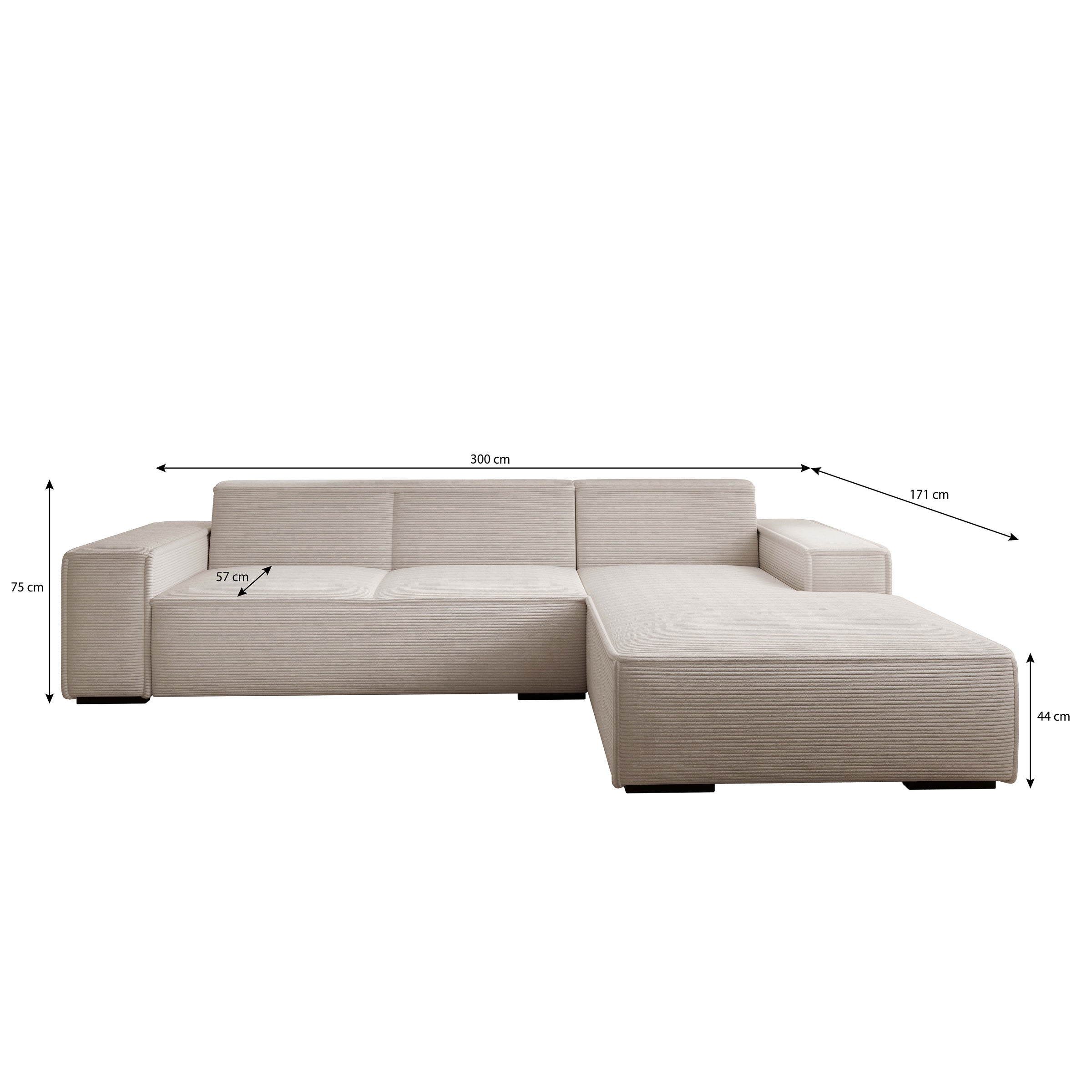 Cardiff - Hoekbank 3-zits met chaise longue - Ribstof grijs - Rechts