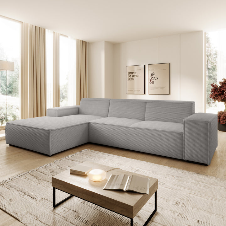 Cardiff - Hoekbank 3-zits met chaise longue - Ribstof grijs - Links