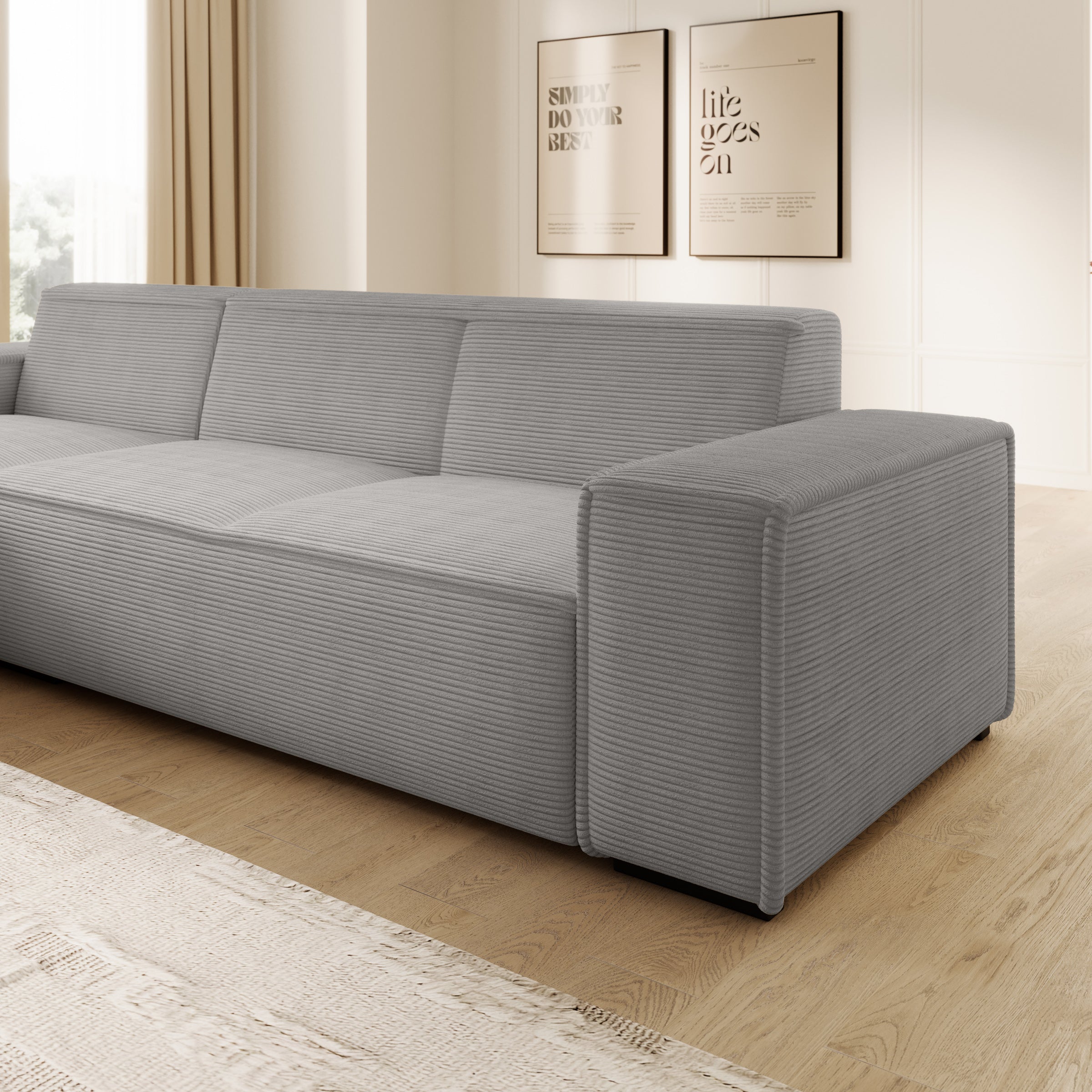 Cardiff - Hoekbank 3-zits met chaise longue - Ribstof grijs - Links