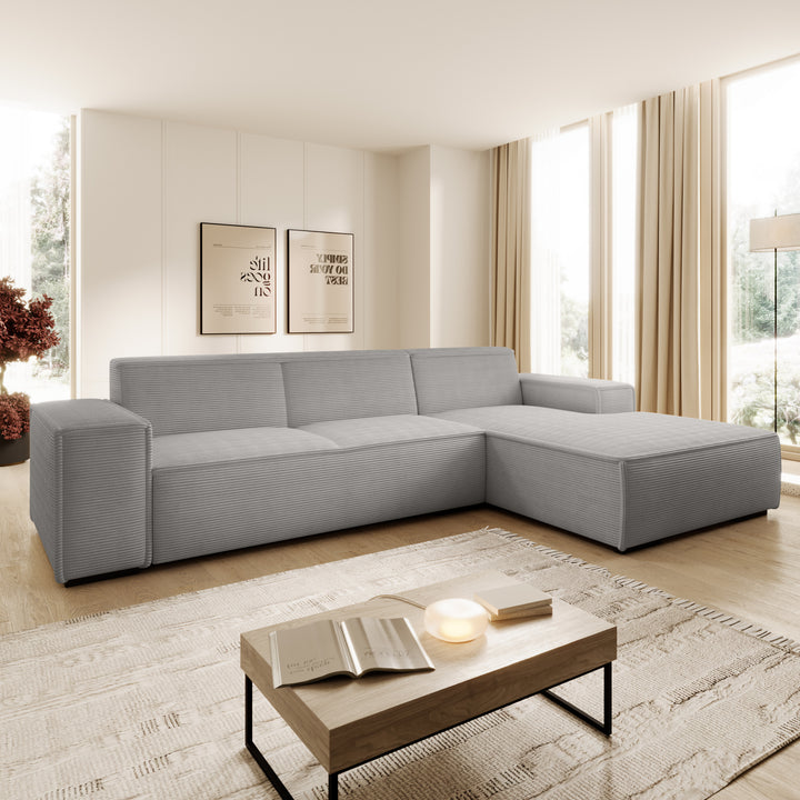 Cardiff - Hoekbank 3-zits met chaise longue - Ribstof grijs - Rechts