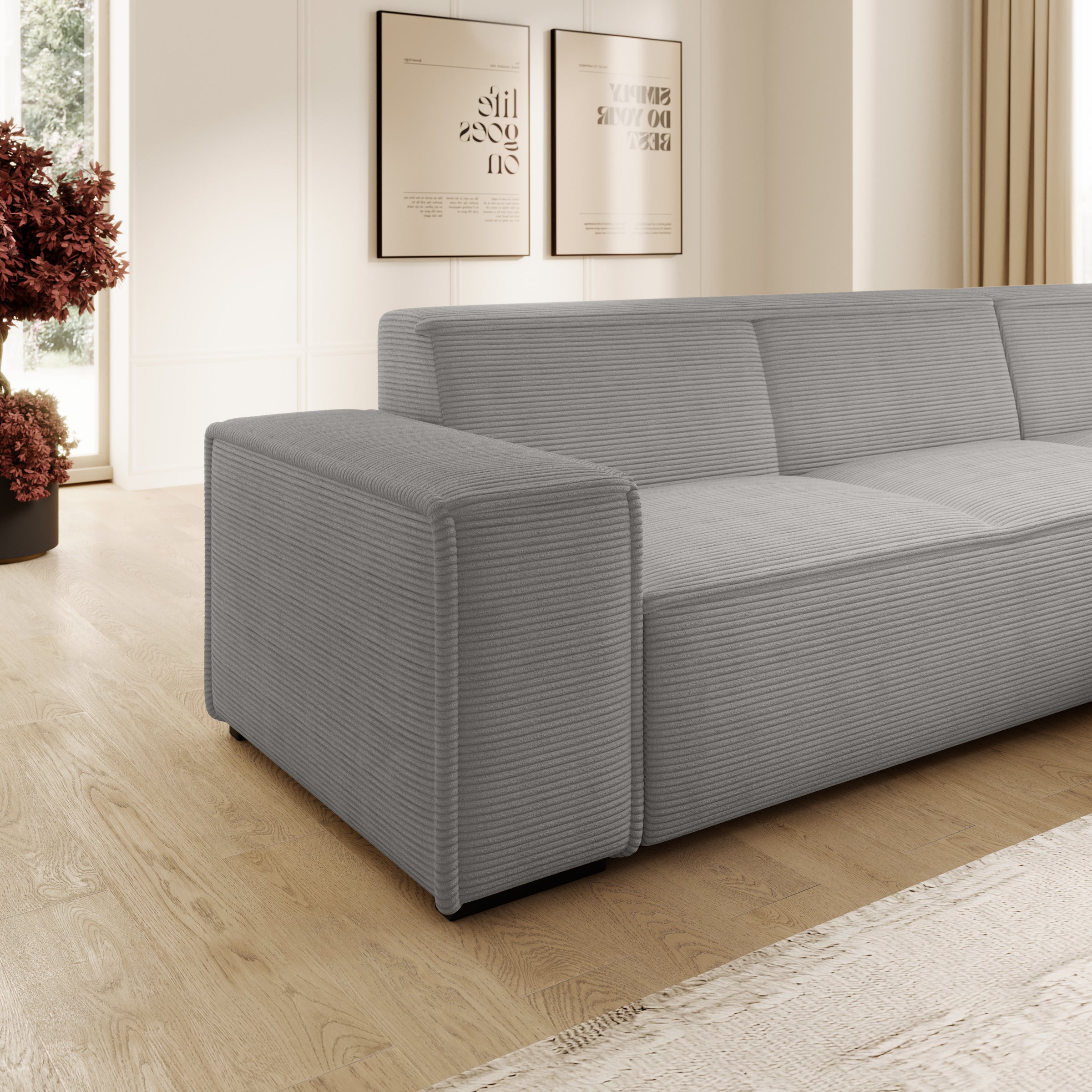 Cardiff - Hoekbank 3-zits met chaise longue - Ribstof grijs - Rechts