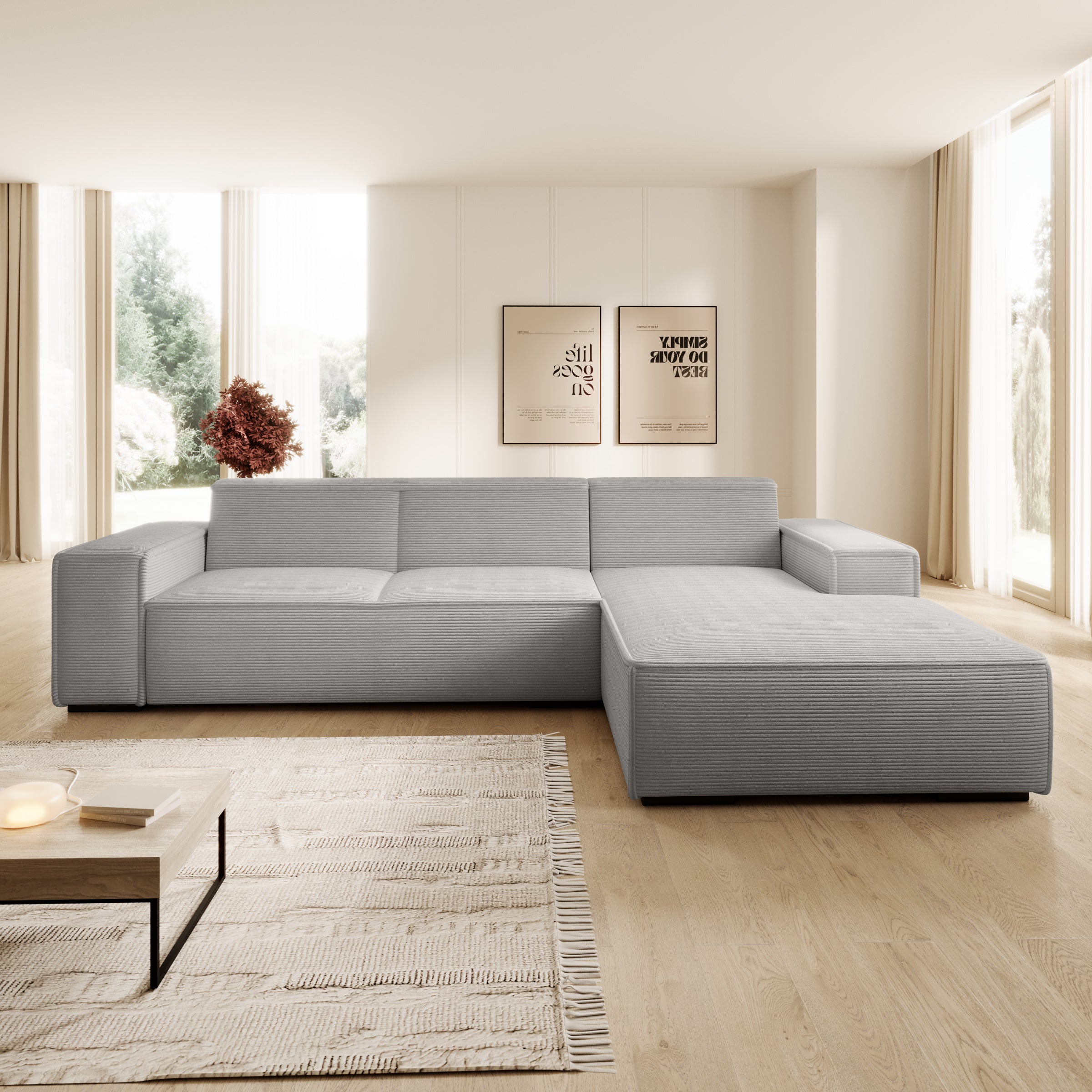 Cardiff - Hoekbank 3-zits met chaise longue - Ribstof grijs - Rechts