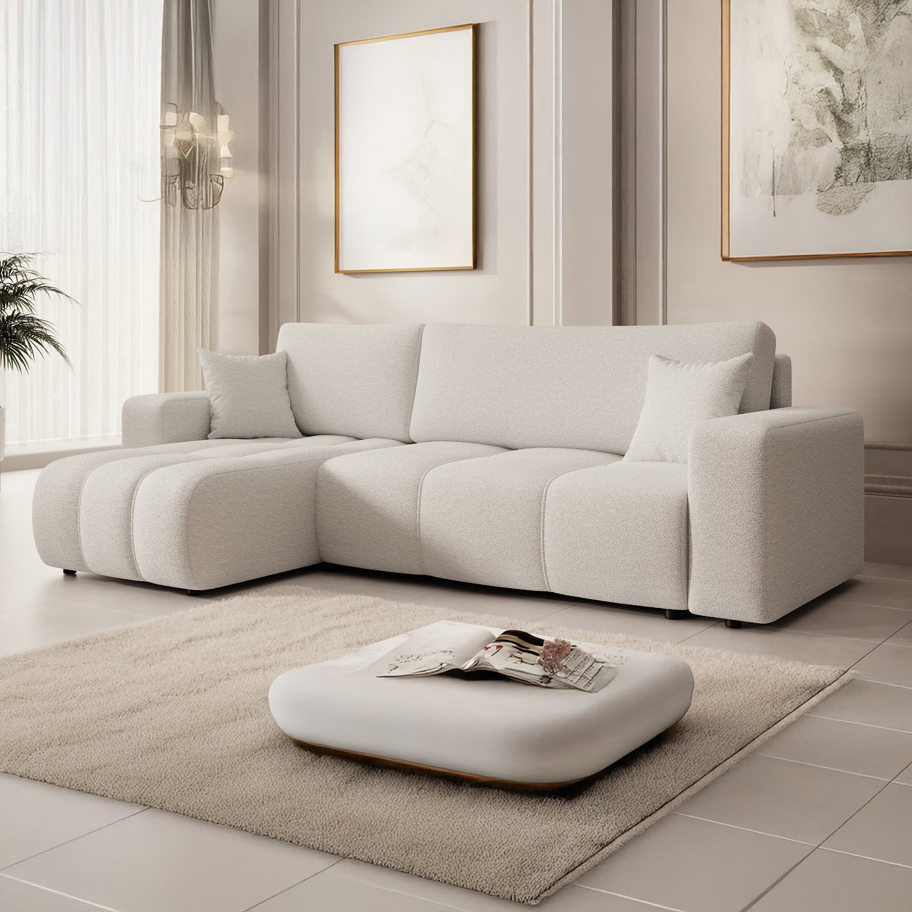Feather - Hoekbank 3-zits met chaise longue - Teddystof wit - Universeel