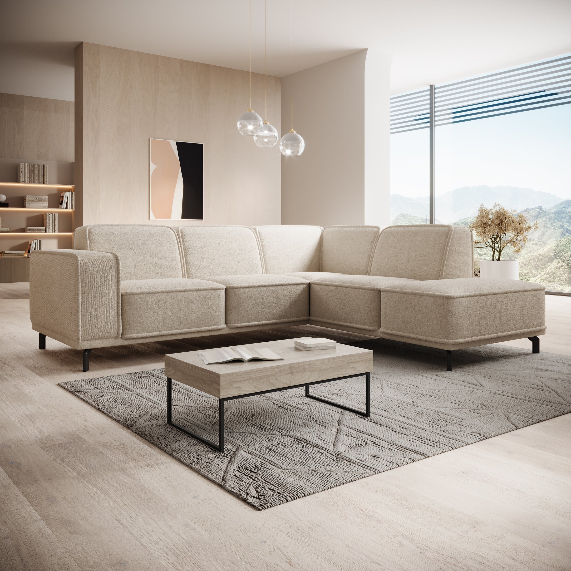 Hayman - Hoekbank 4-zits met chaise longue - Stof beige - Rechts