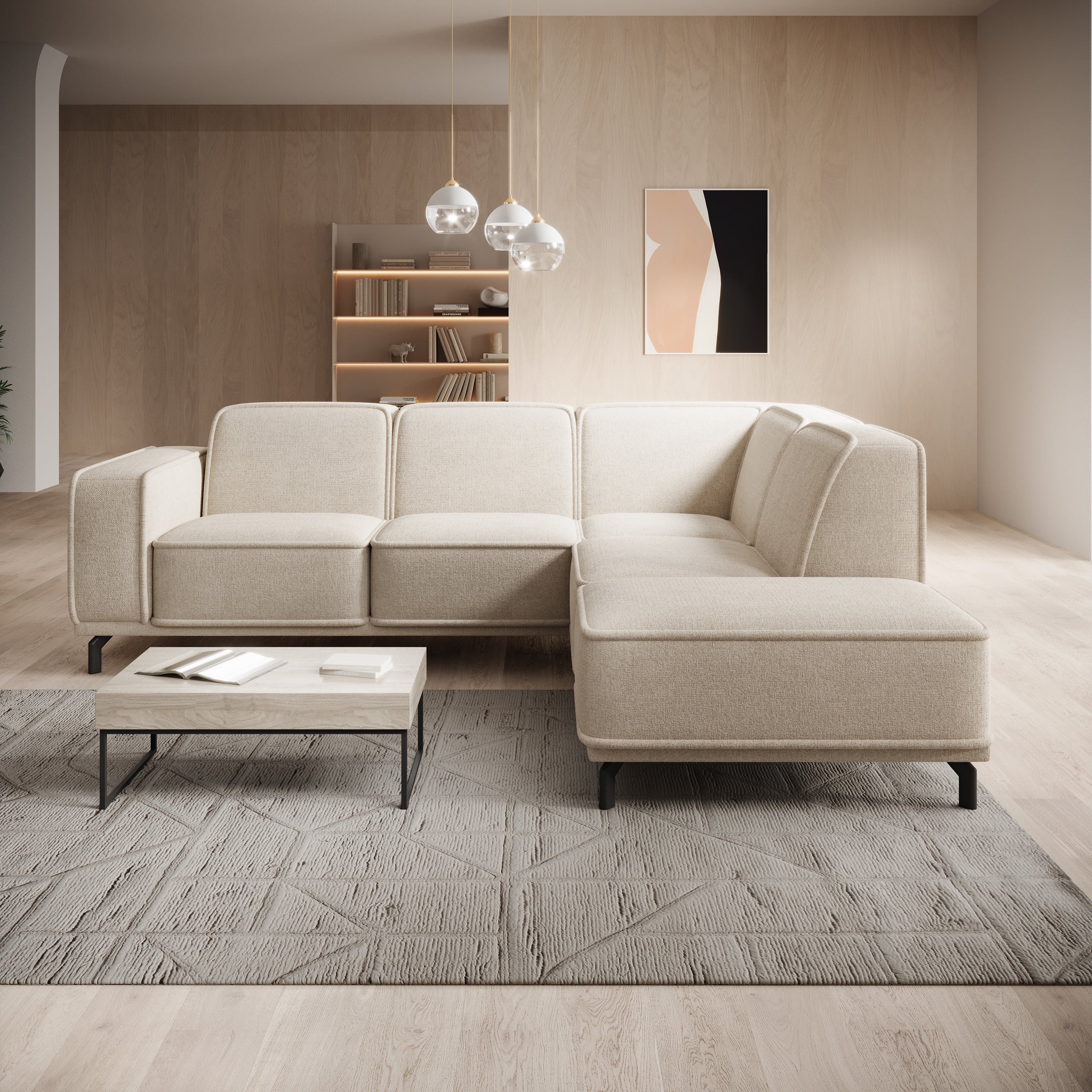 Hayman - Hoekbank 4-zits met chaise longue - Stof beige - Rechts