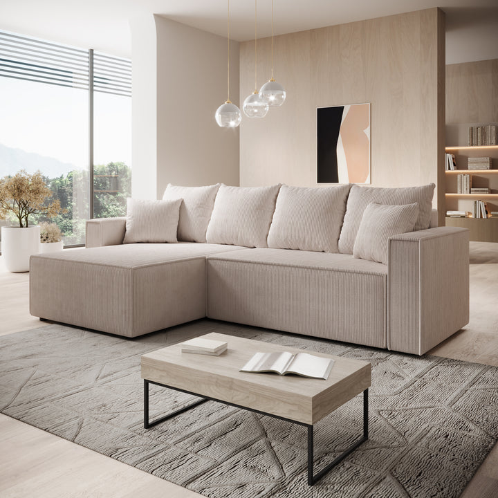 Lawrence - Hoekbank 3-zits met chaise longue - Ribstof beige - Links