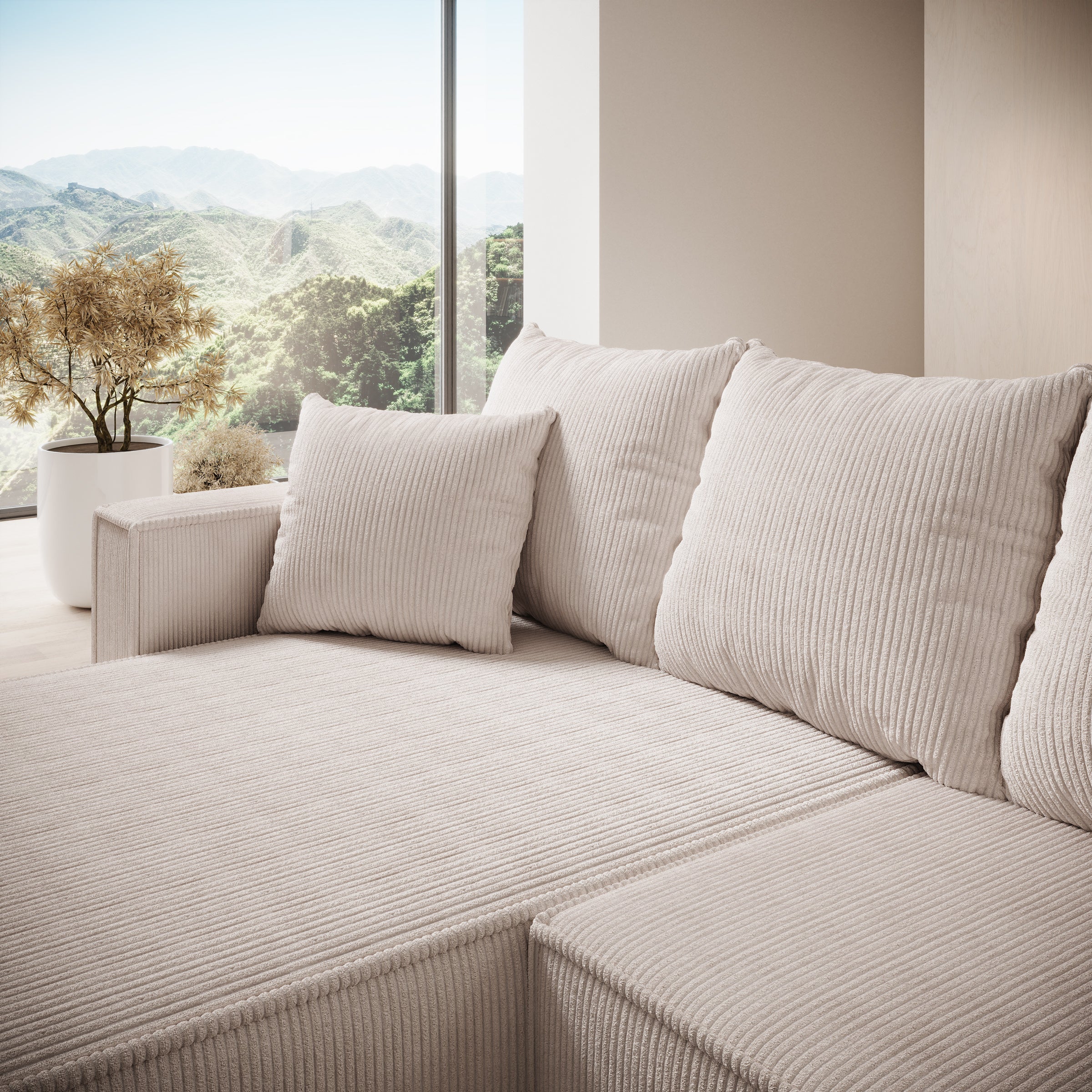 Lawrence - Hoekbank 3-zits met chaise longue - Ribstof beige - Links