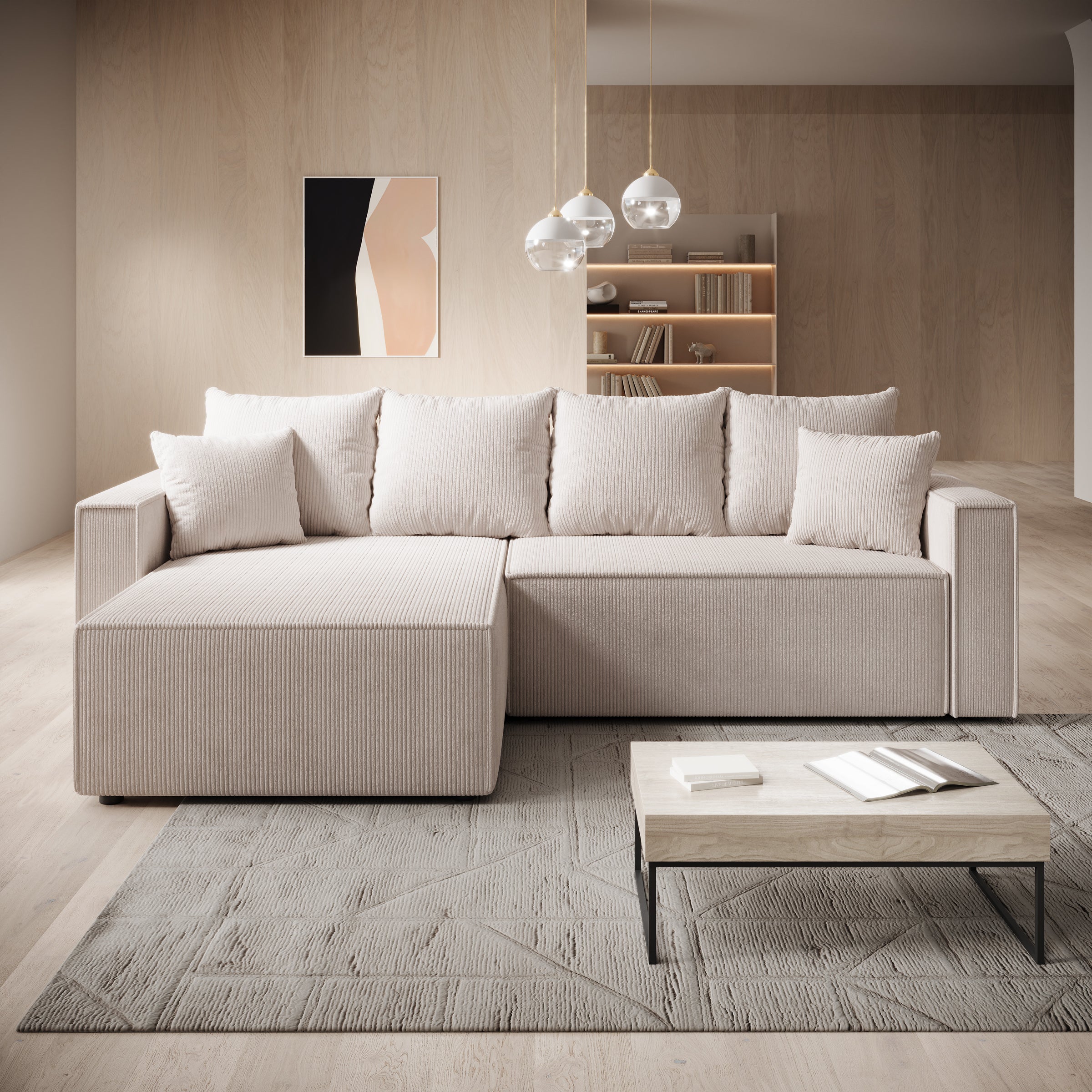 Lawrence - Hoekbank 3-zits met chaise longue - Ribstof beige - Links