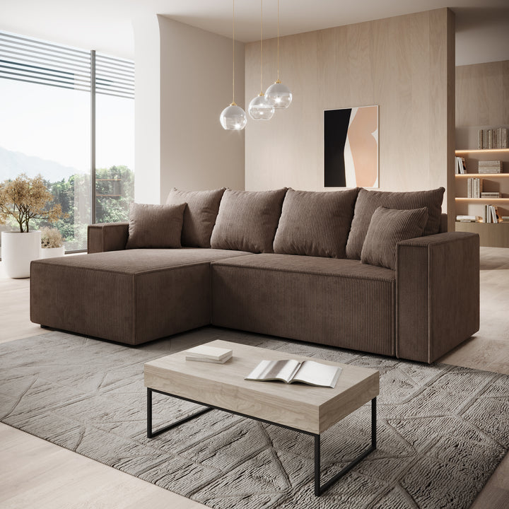 Lawrence - Hoekbank 3-zits met chaise longue - Ribstof bruin - Links