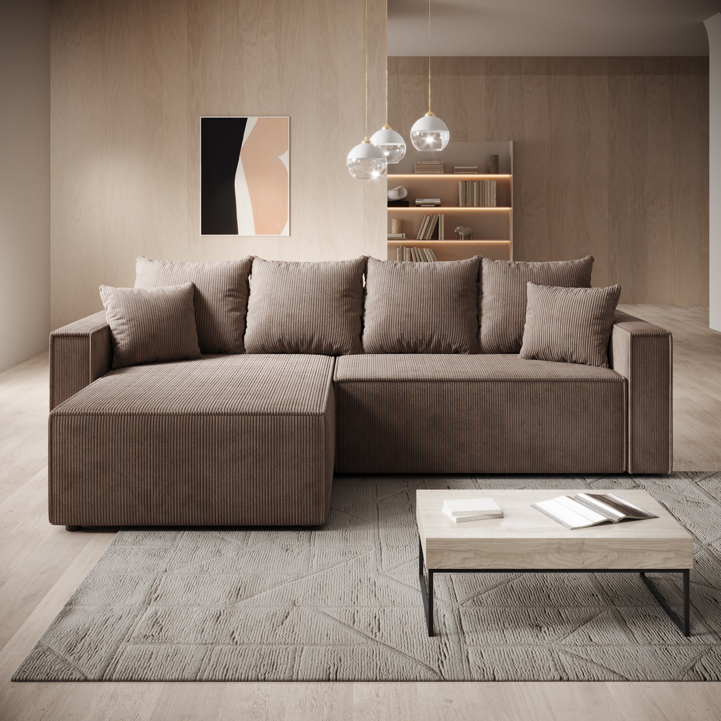 Lawrence - Hoekbank 3-zits met chaise longue - Ribstof bruin - Links