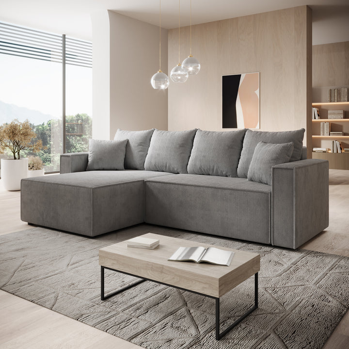 Lawrence - Hoekbank 3-zits met chaise longue - Ribstof grijs - Links