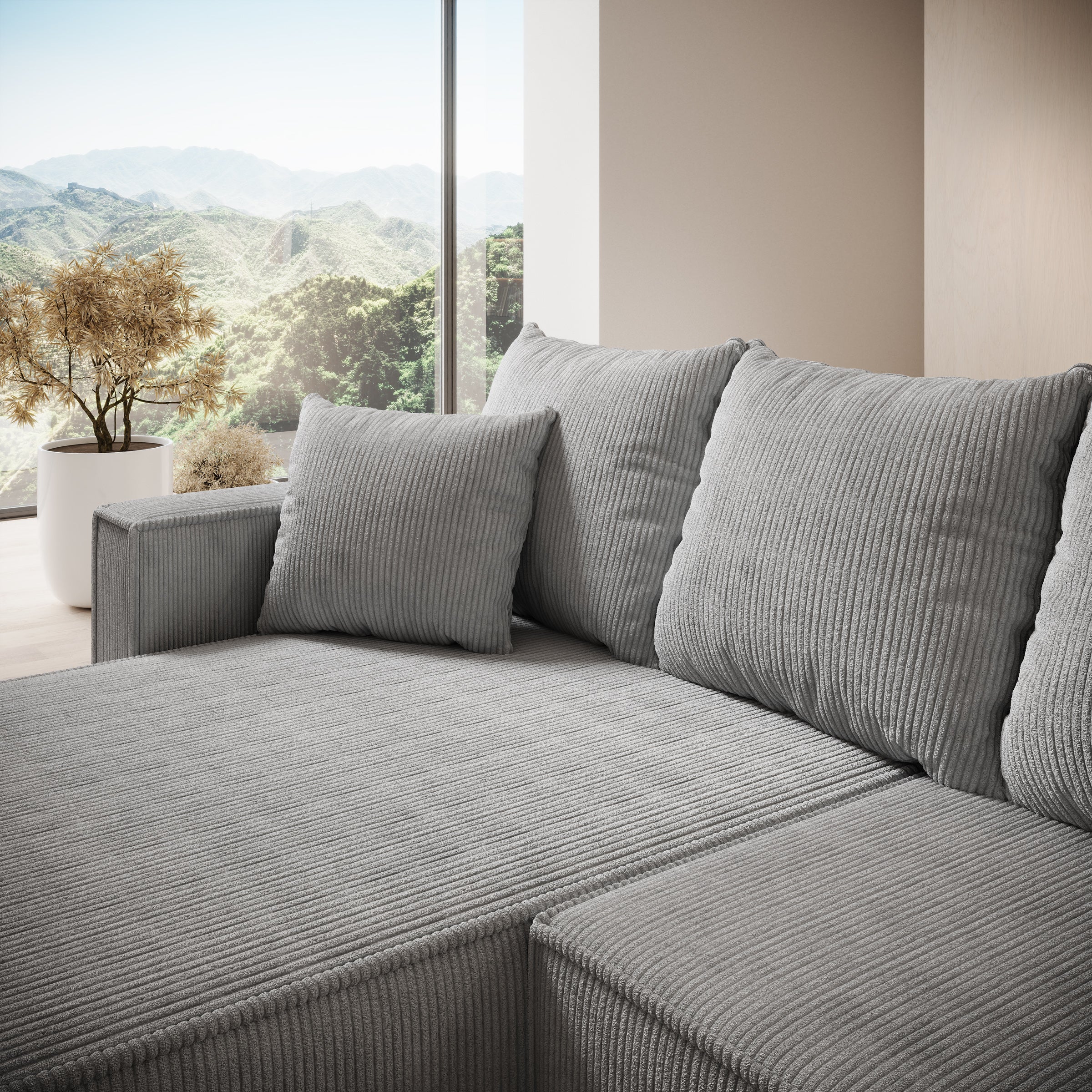 Lawrence - Hoekbank 3-zits met chaise longue - Ribstof grijs - Links