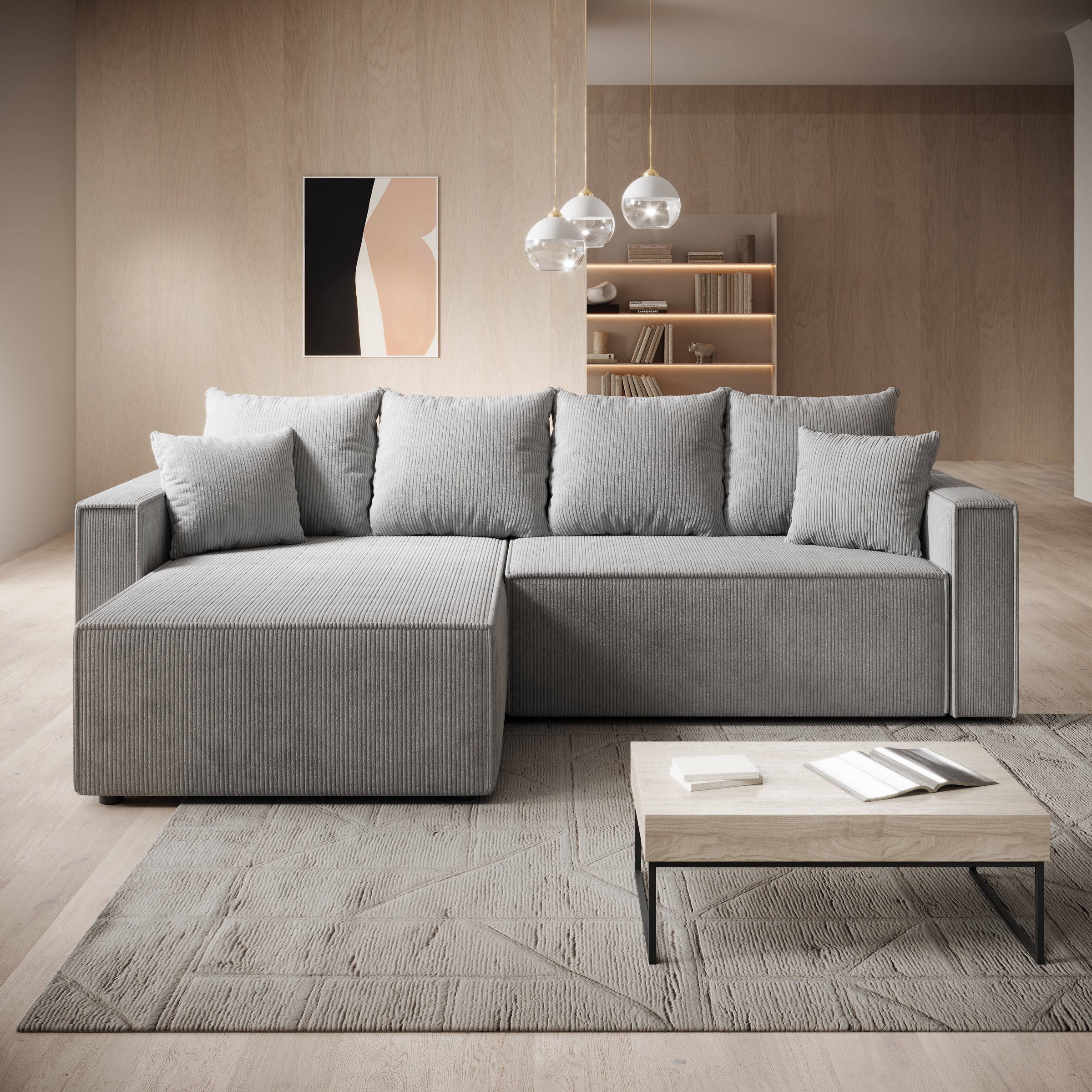 Lawrence - Hoekbank 3-zits met chaise longue - Ribstof grijs - Links