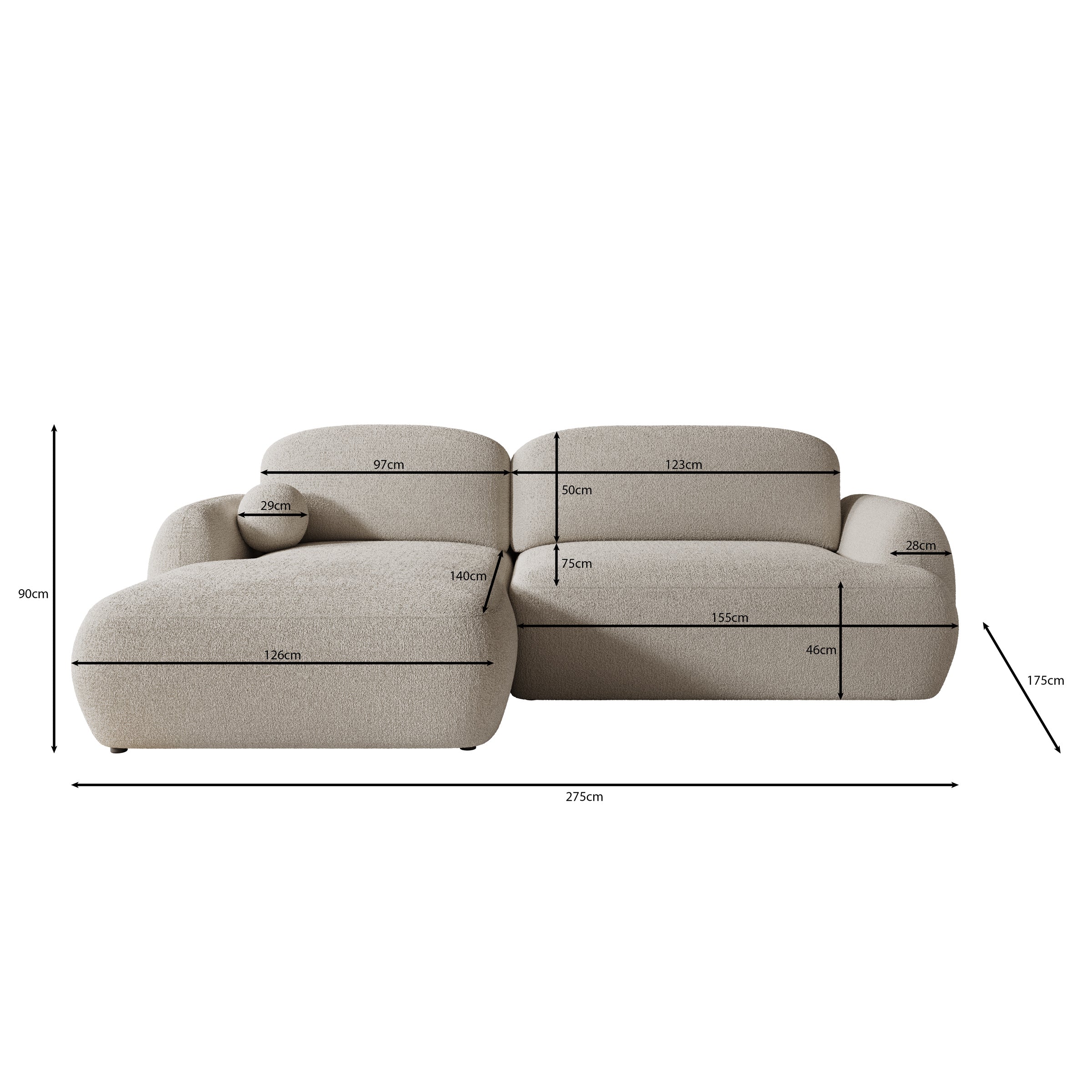 Malaga - Hoekbank 3-zits met chaise longue - Teddystof beige - Links