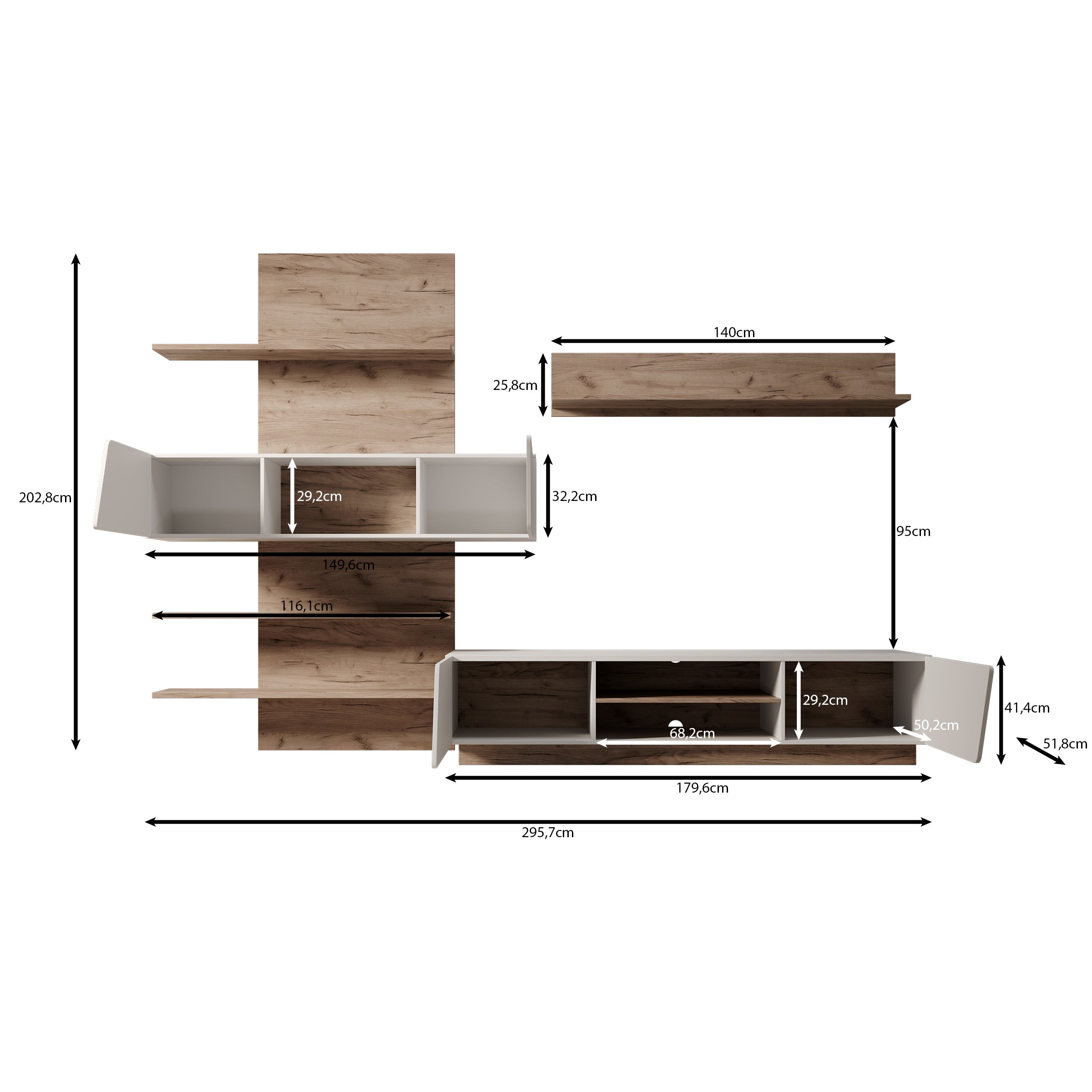 Huxley - Wandmeubel - Eikenpatroon/Wit - 296x52x203 cm