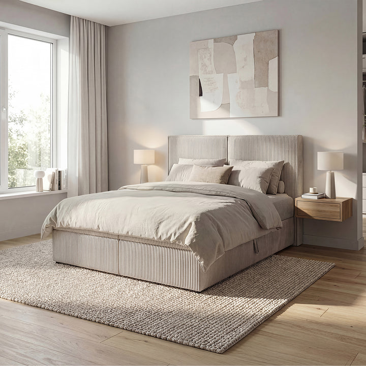 Iro - Boxspring met opbergruimte - Ribstof beige - 140x200 cm