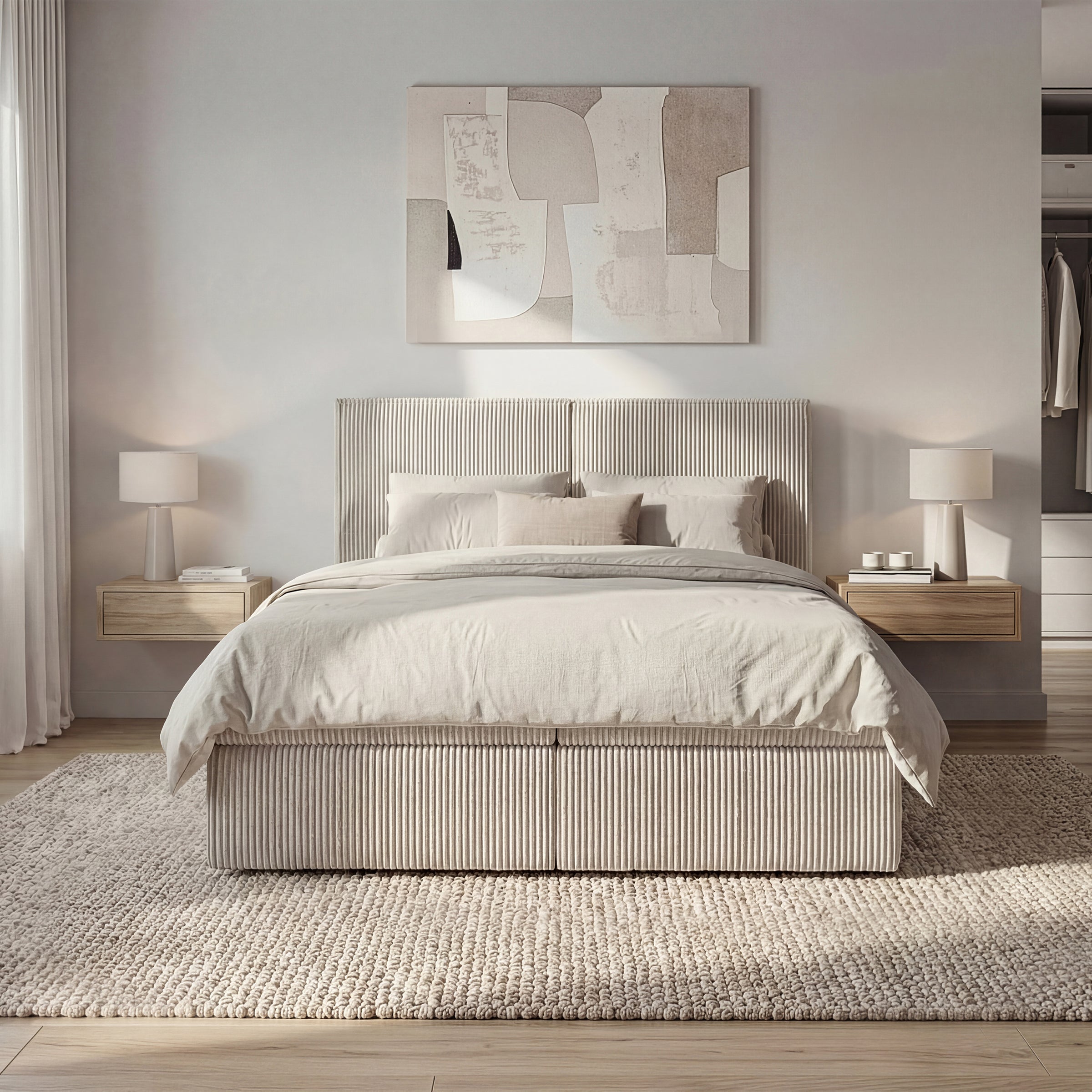 Iro - Boxspring met opbergruimte - Ribstof beige - 140x200 cm