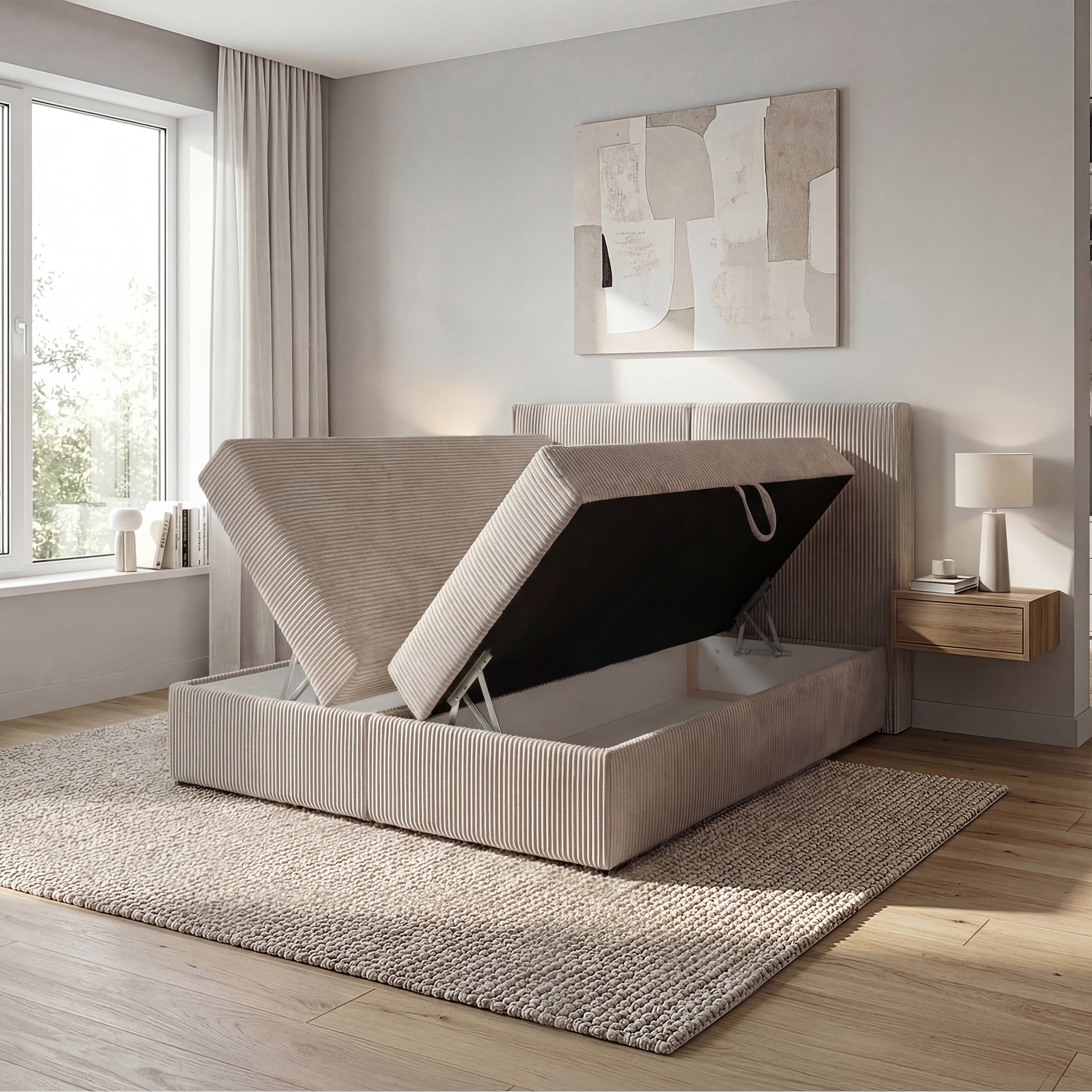 Iro - Boxspring met opbergruimte - Ribstof beige - 140x200 cm