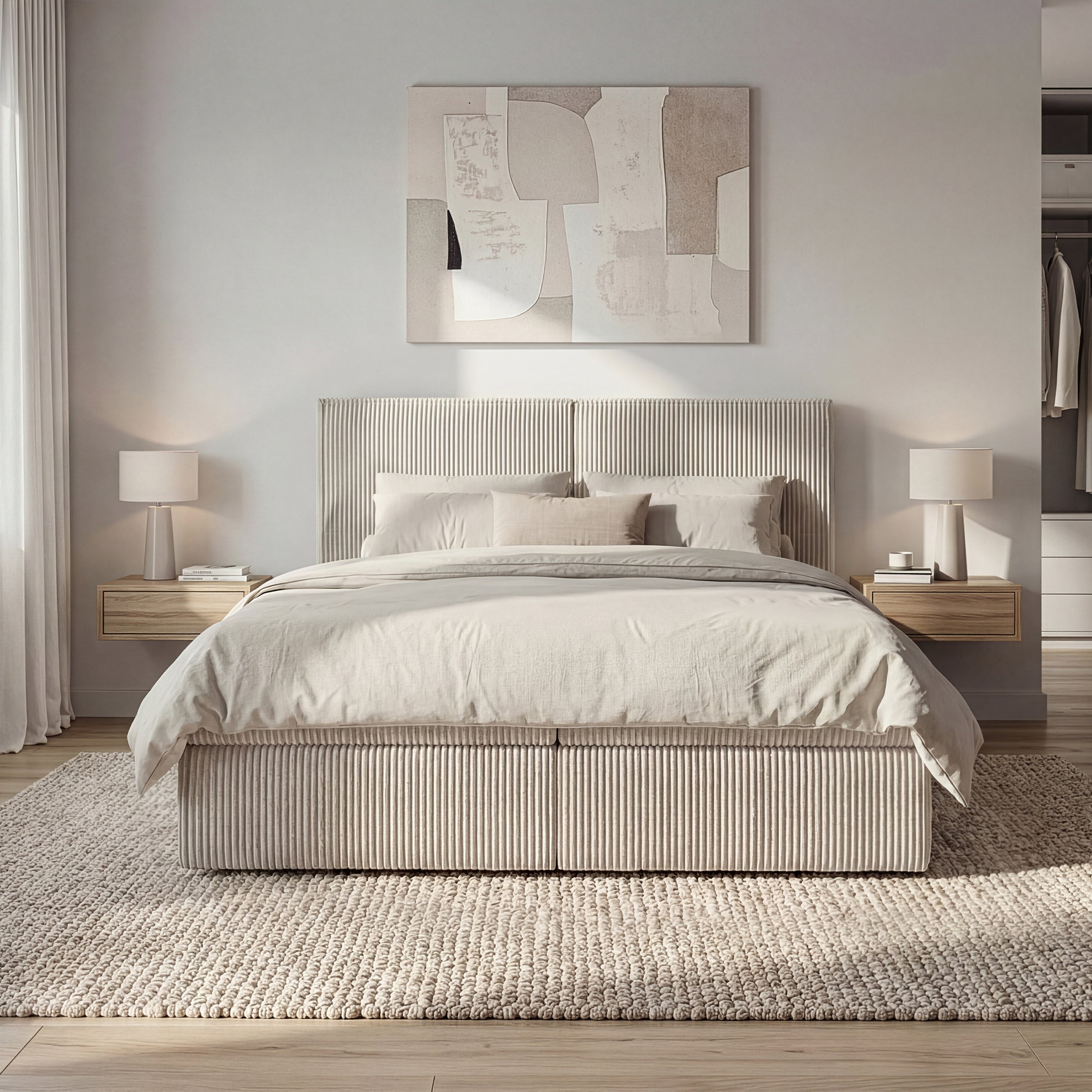 Iro - Boxspring met opbergruimte - Ribstof beige - 160x200 cm