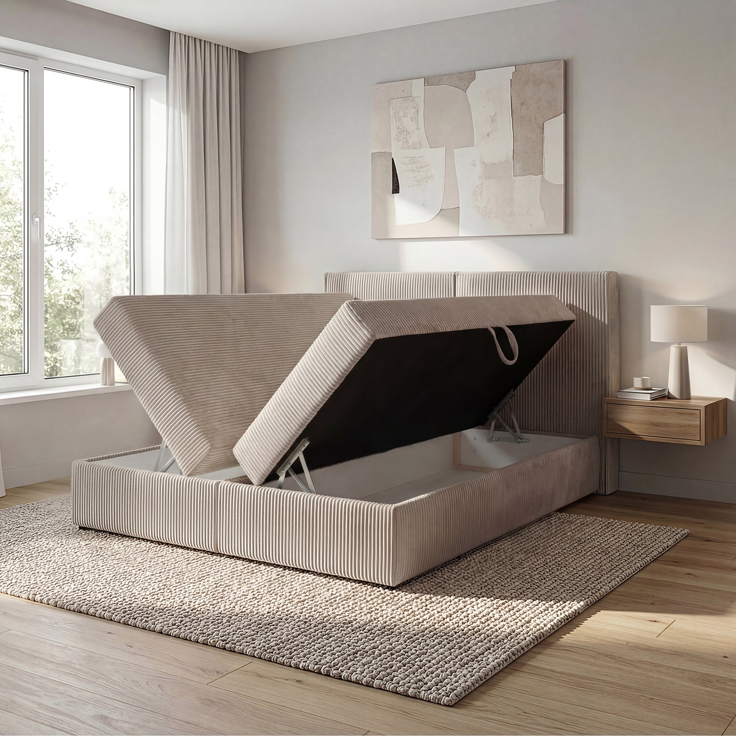 Iro - Boxspring met opbergruimte - Ribstof beige - 160x200 cm
