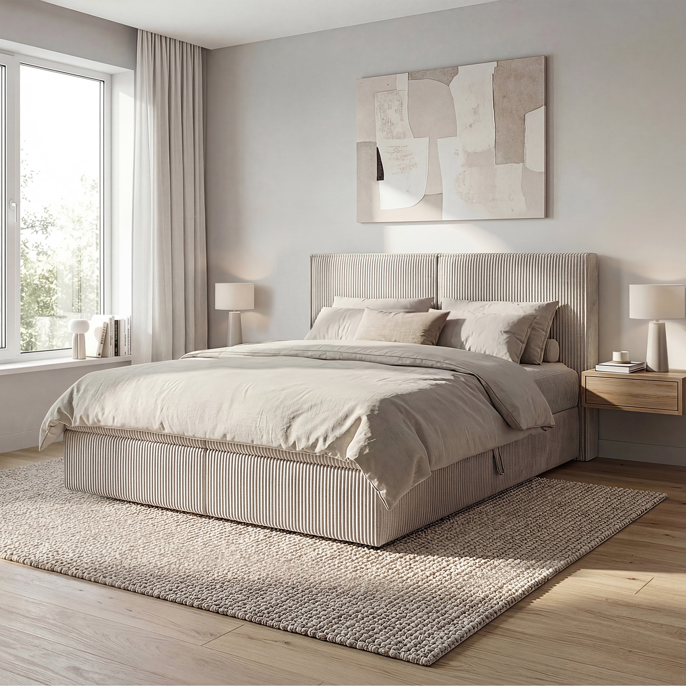 Iro - Boxspring met opbergruimte - Ribstof beige - 180x200 cm