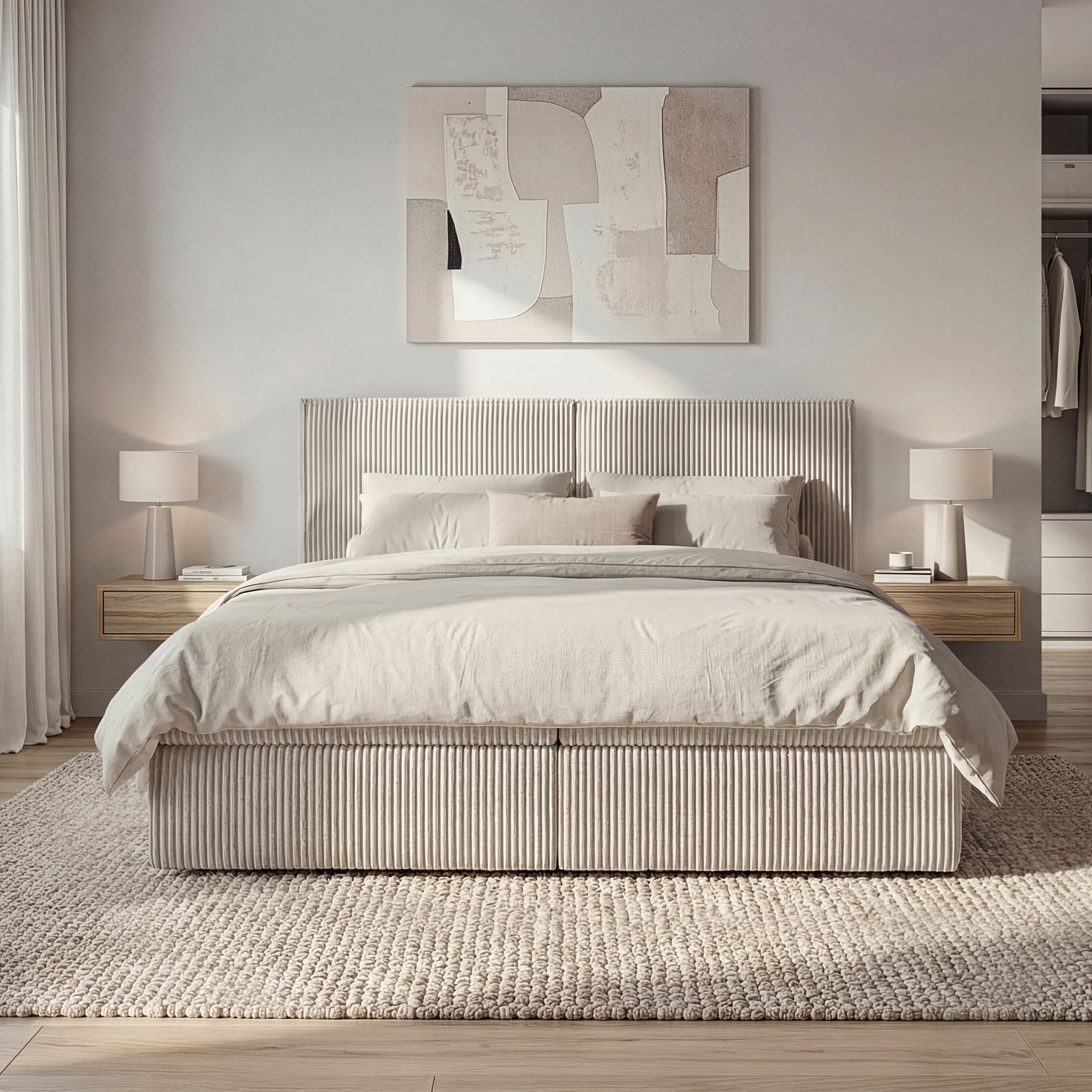 Iro - Boxspring met opbergruimte - Ribstof beige - 180x200 cm