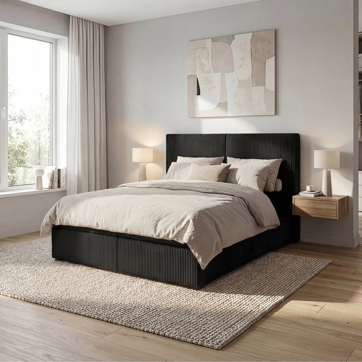Iro - Boxspring met opbergruimte - Ribstof zwart - 140x200 cm