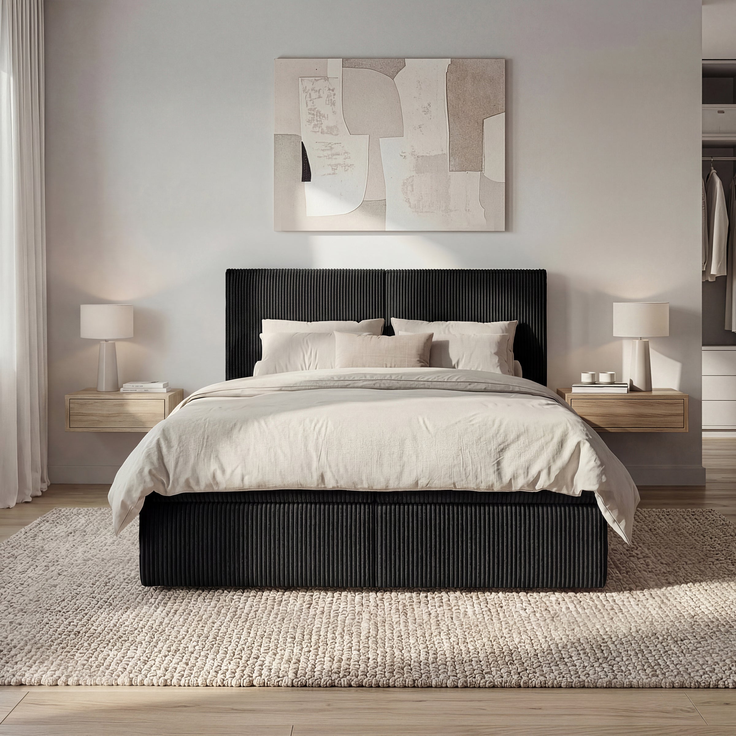 Iro - Boxspring met opbergruimte - Ribstof zwart - 140x200 cm
