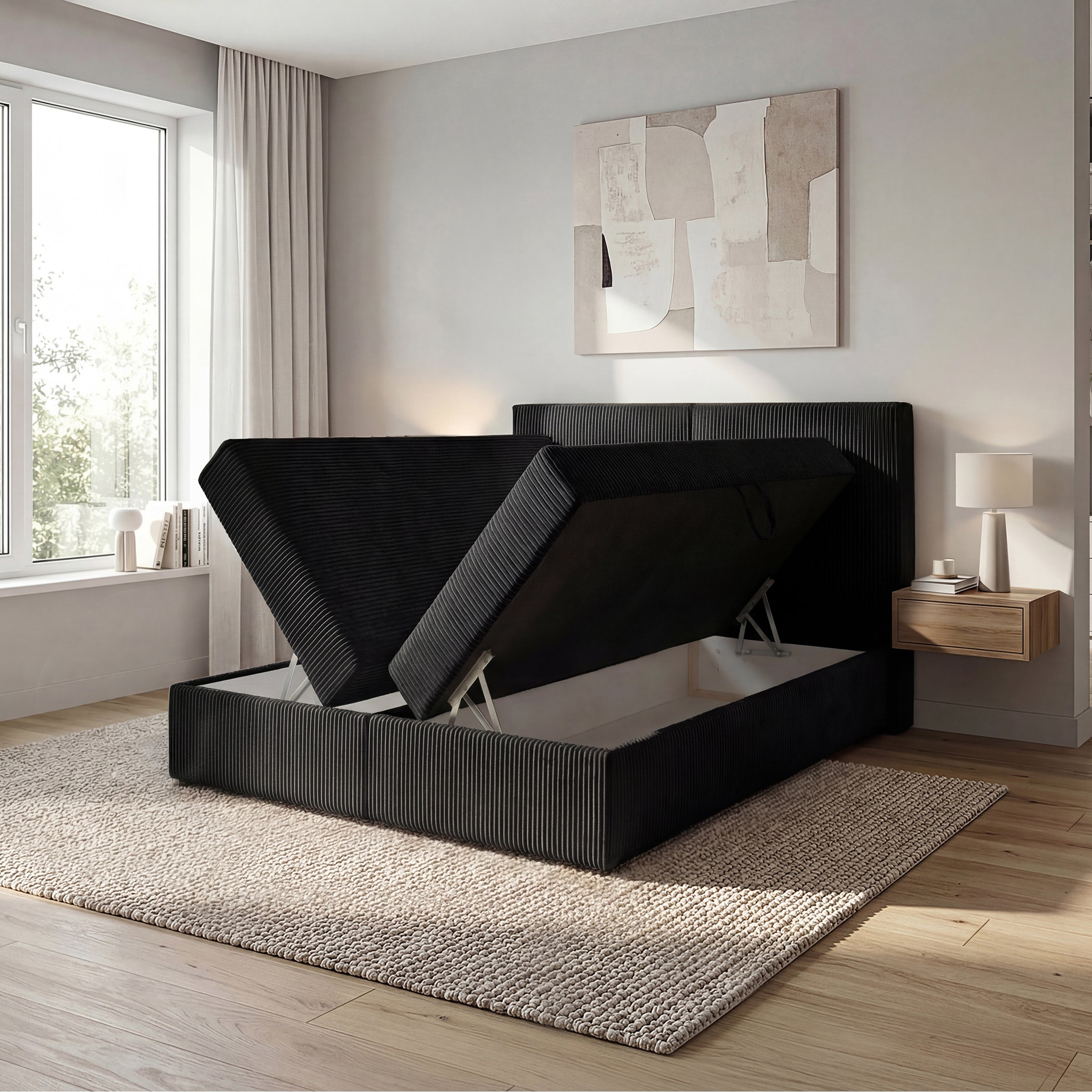 Iro - Boxspring met opbergruimte - Ribstof zwart - 140x200 cm