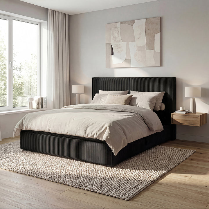 Iro - Boxspring met opbergruimte - Ribstof zwart - 160x200 cm