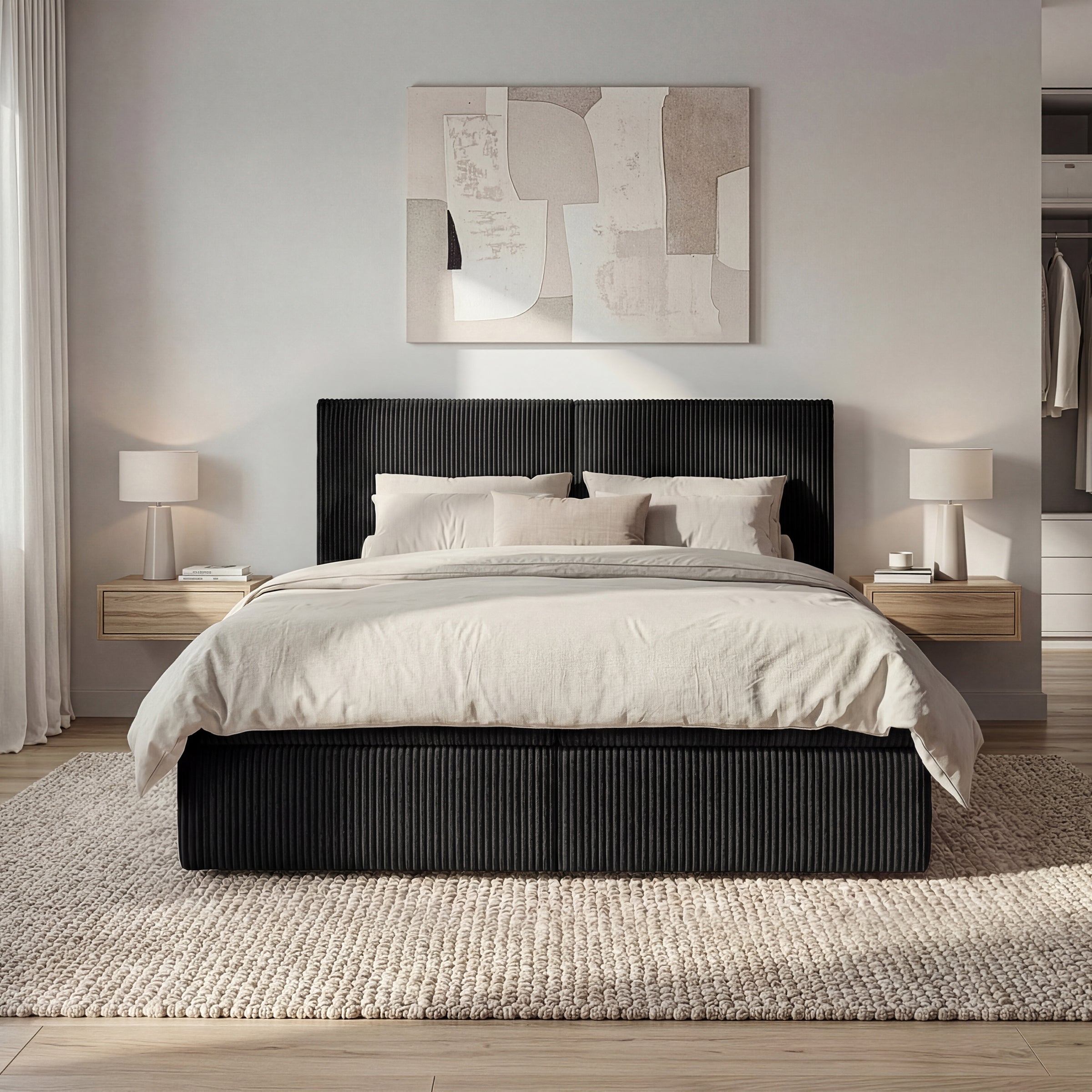 Iro - Boxspring met opbergruimte - Ribstof zwart - 160x200 cm