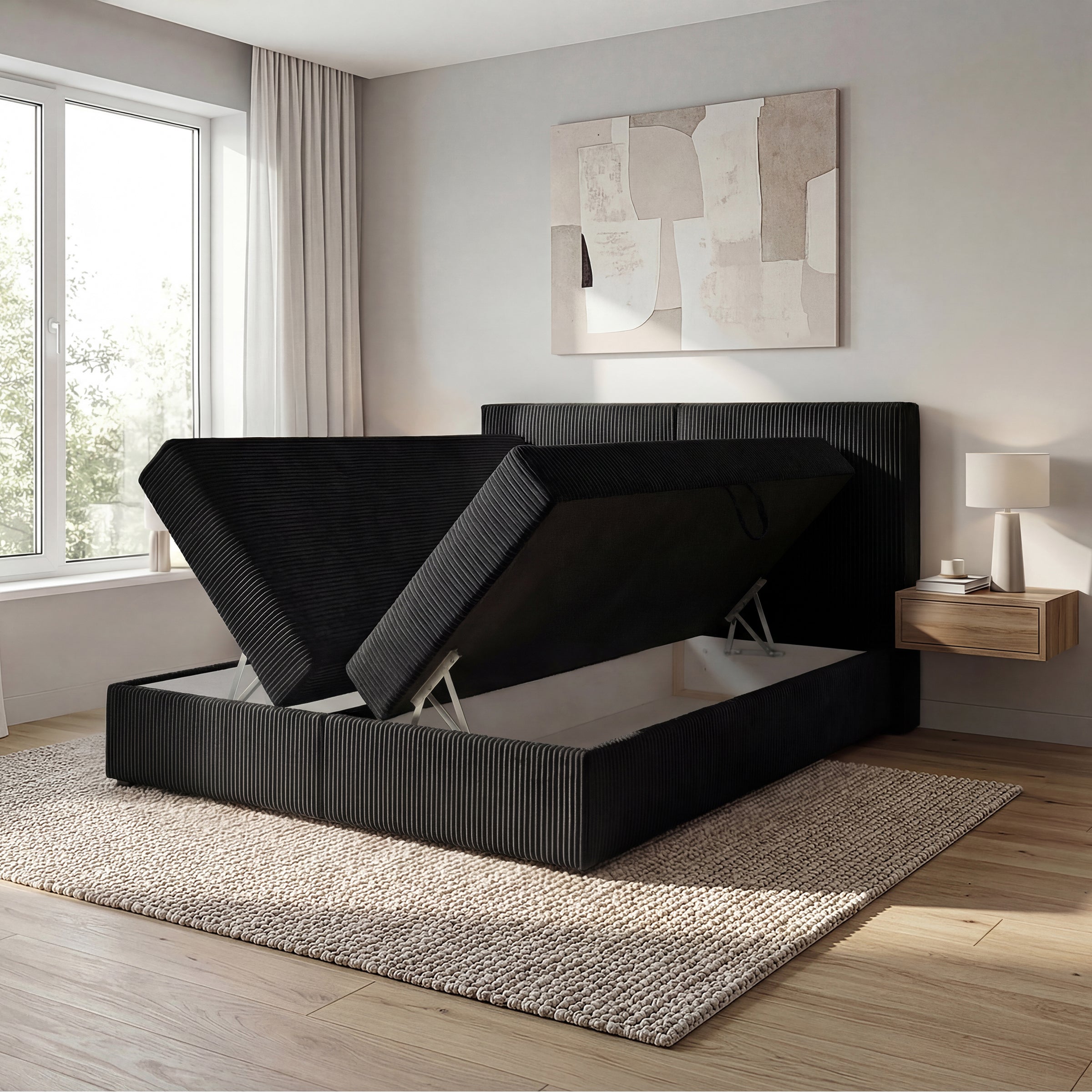 Iro - Boxspring met opbergruimte - Ribstof zwart - 160x200 cm