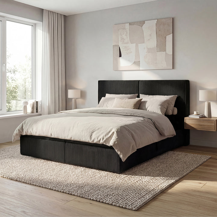 Iro - Boxspring met opbergruimte - Ribstof zwart - 180x200 cm