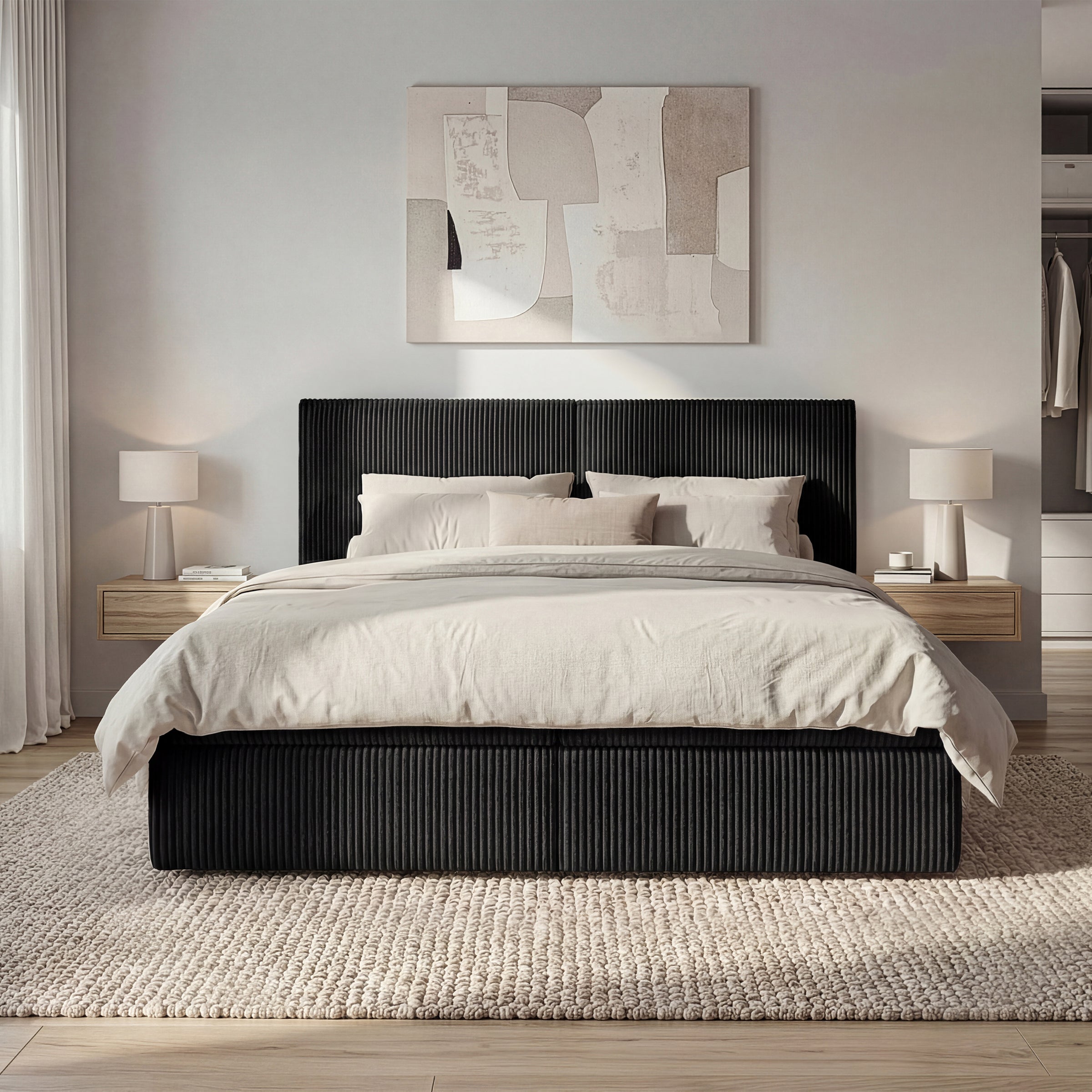 Iro - Boxspring met opbergruimte - Ribstof zwart - 180x200 cm