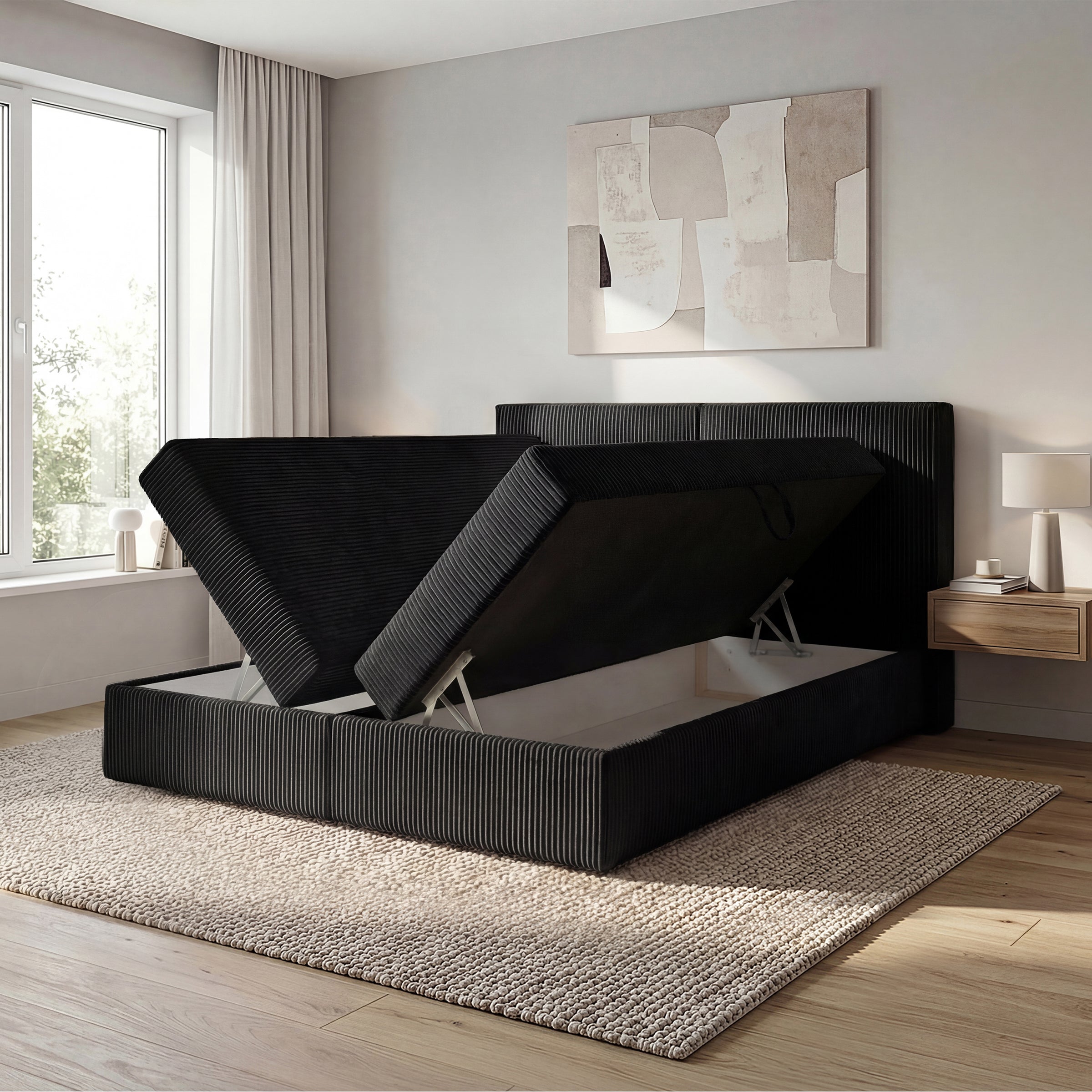 Iro - Boxspring met opbergruimte - Ribstof zwart - 180x200 cm
