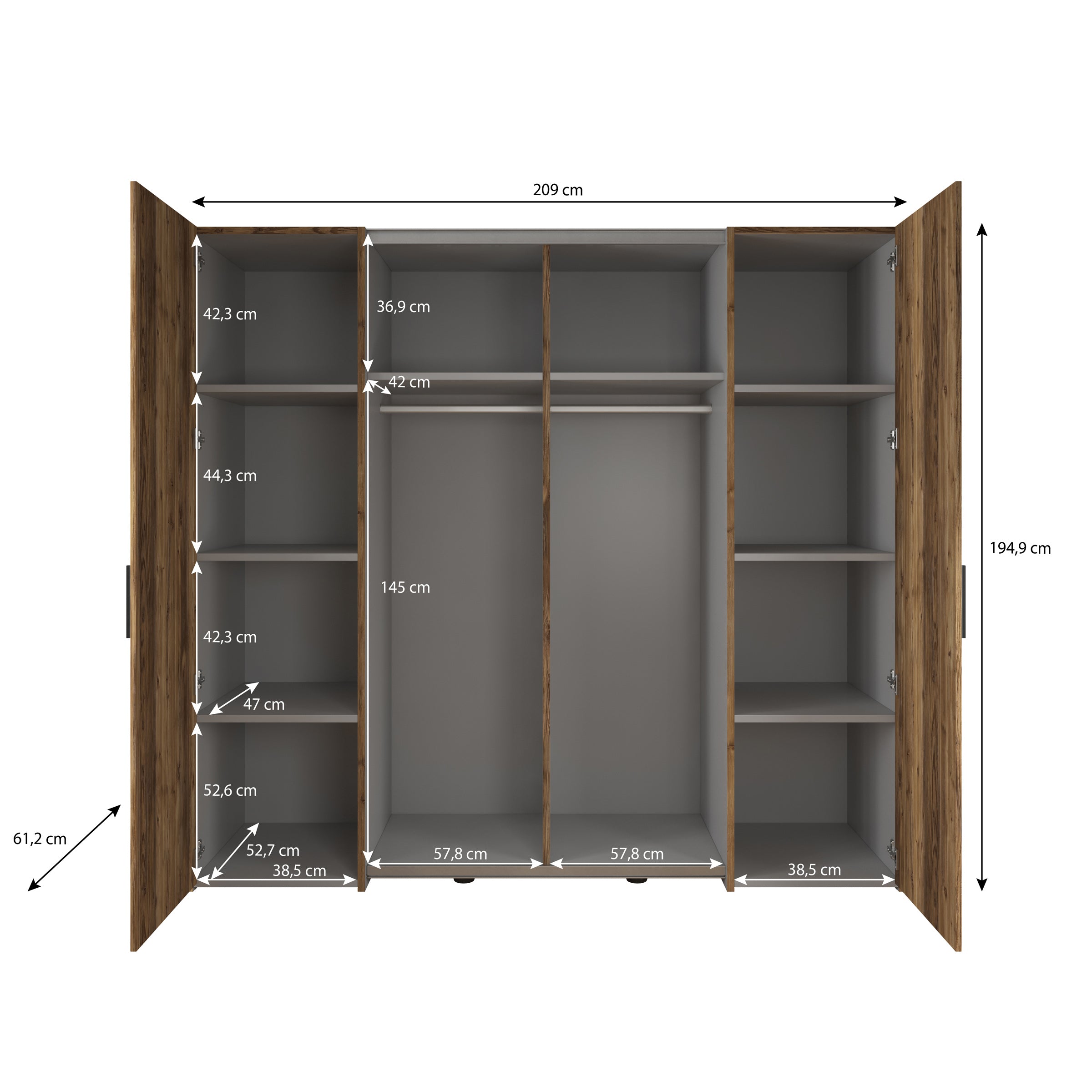 Jacob - Kledingkast - Zwart - Eiken - 209x61x195 cm