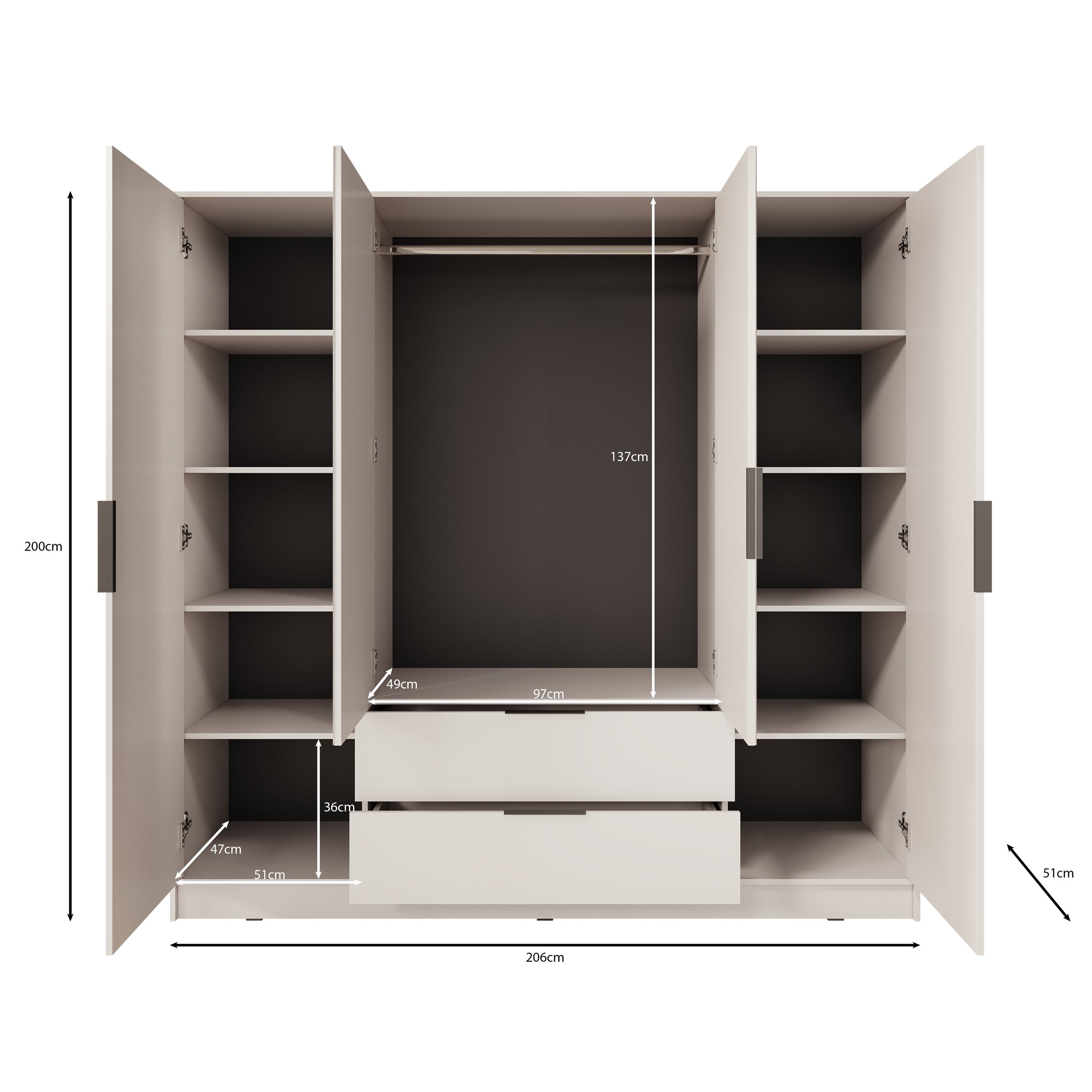 Kaelum - Kledingkast 4-deurs - Grijs - 206x51x200 cm