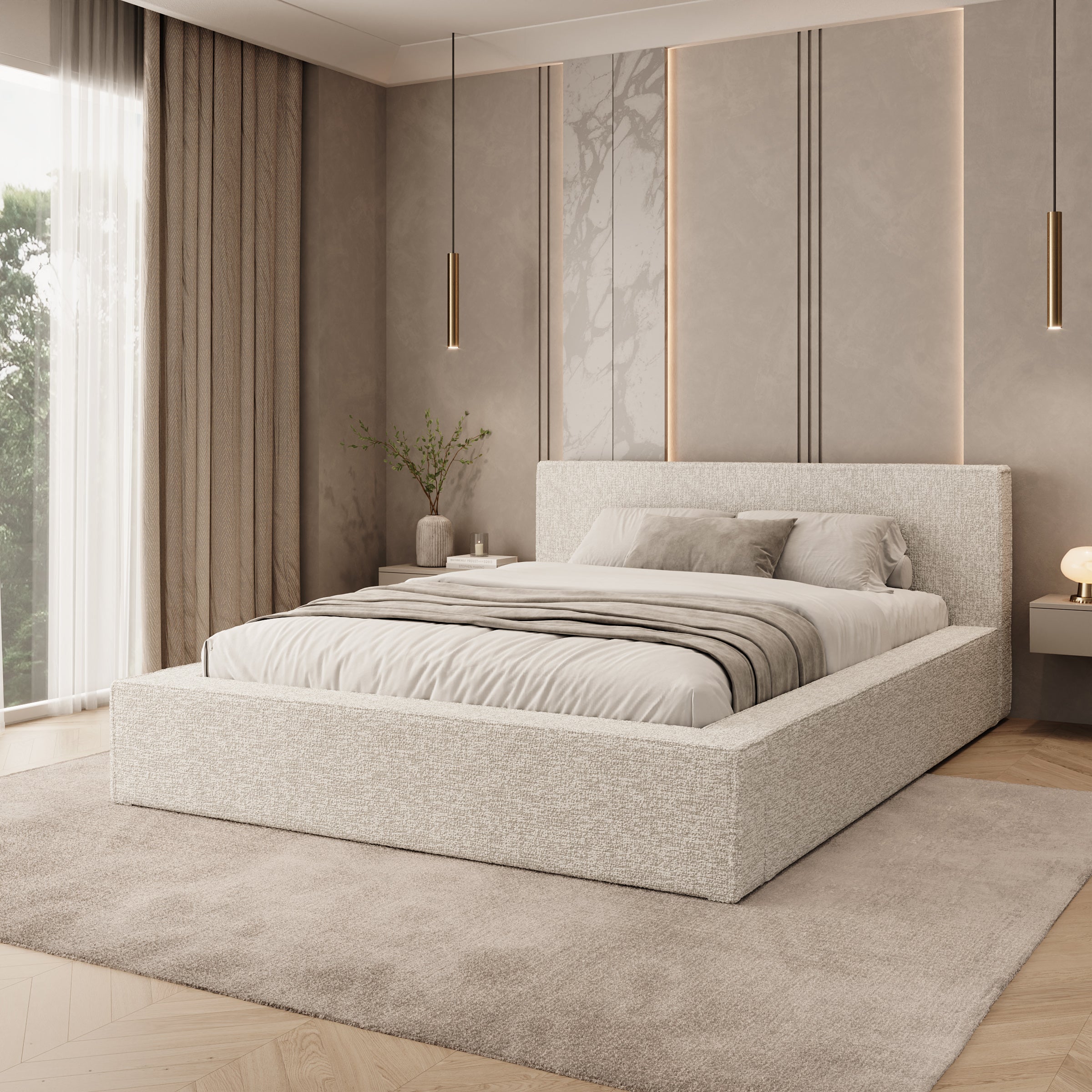 Kaiven - Tweepersoonsbed met opbergruimte - Stof beige - 140x200 cm