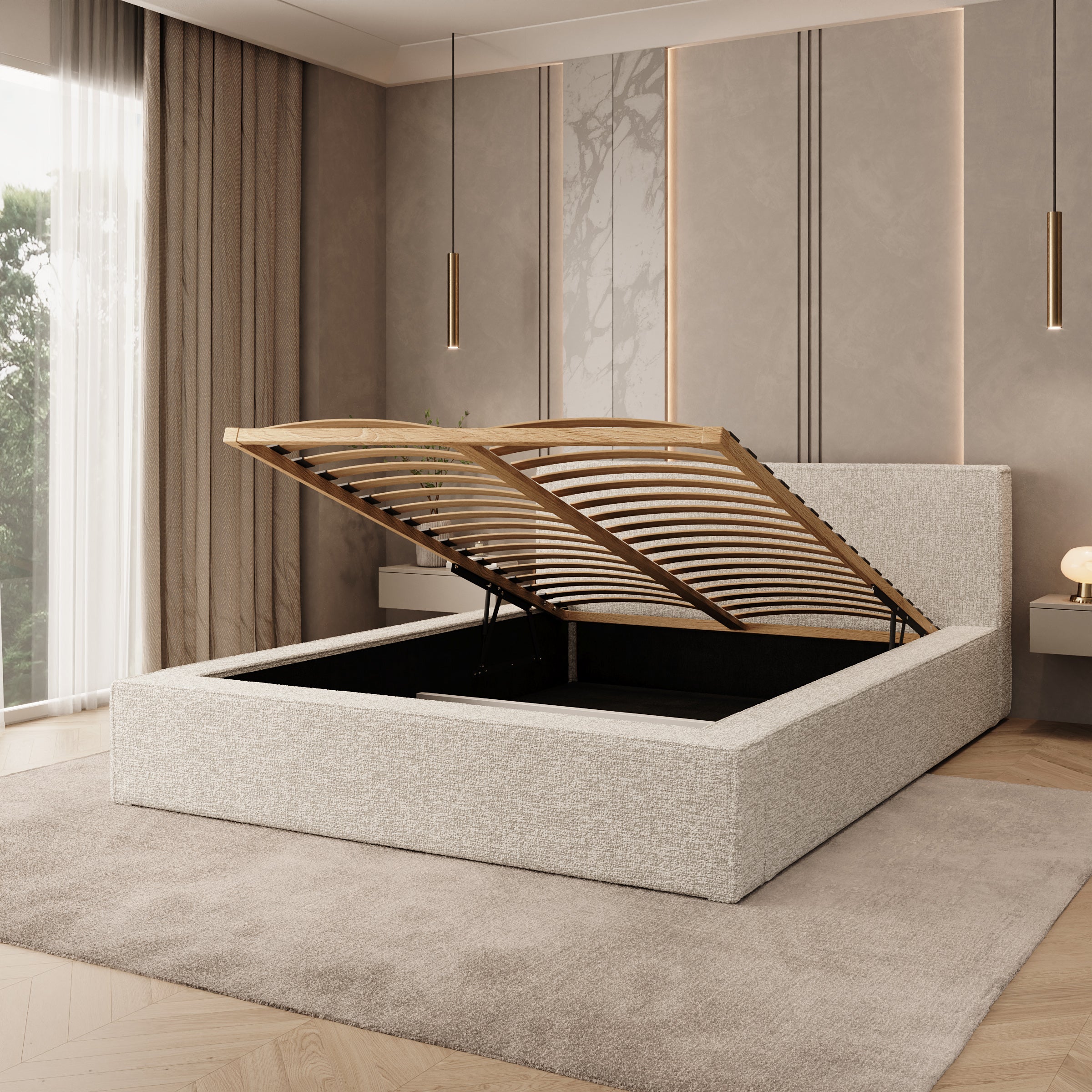 Kaiven - Tweepersoonsbed met opbergruimte - Stof beige - 140x200 cm
