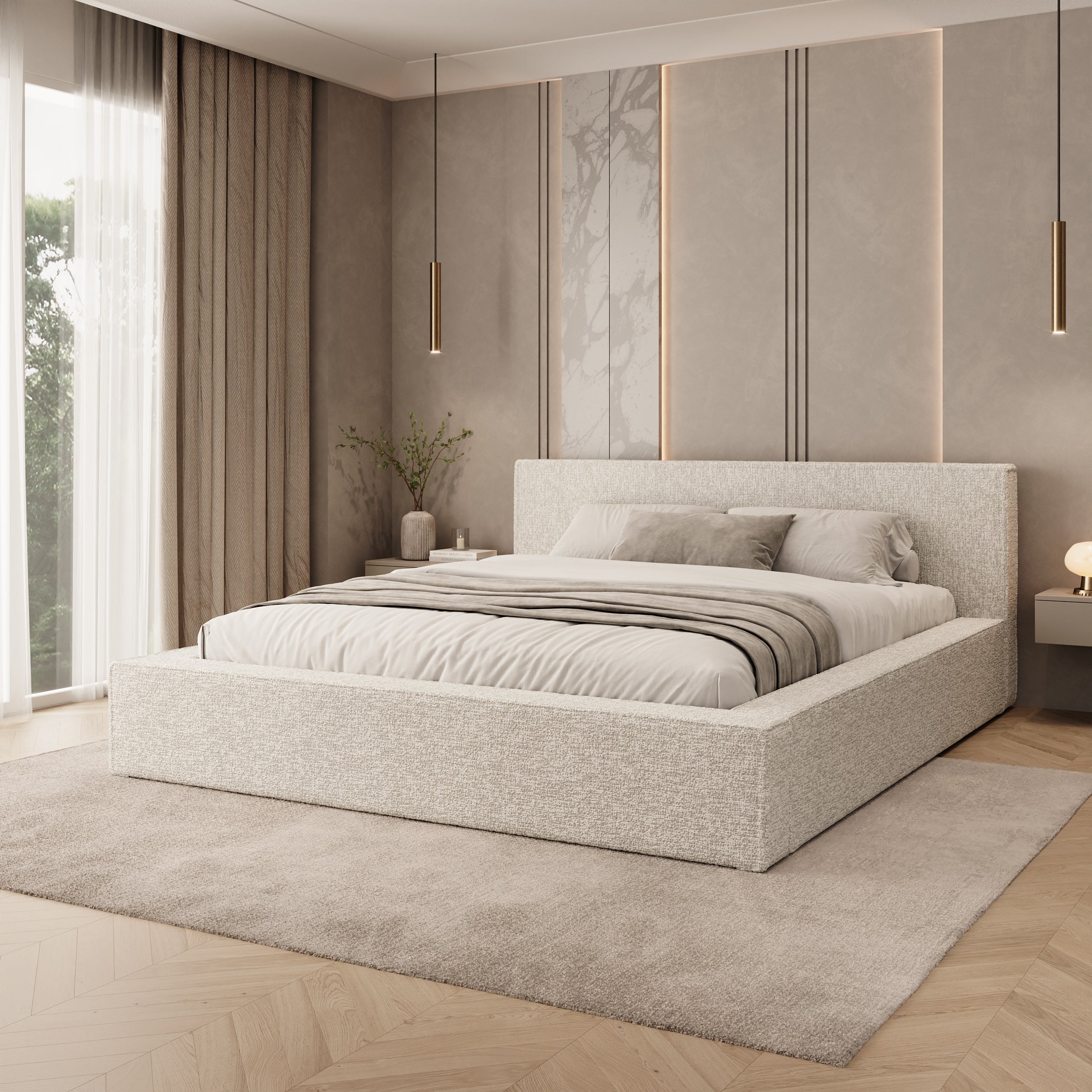 Kaiven - Tweepersoonsbed met opbergruimte - Stof beige - 160x200 cm