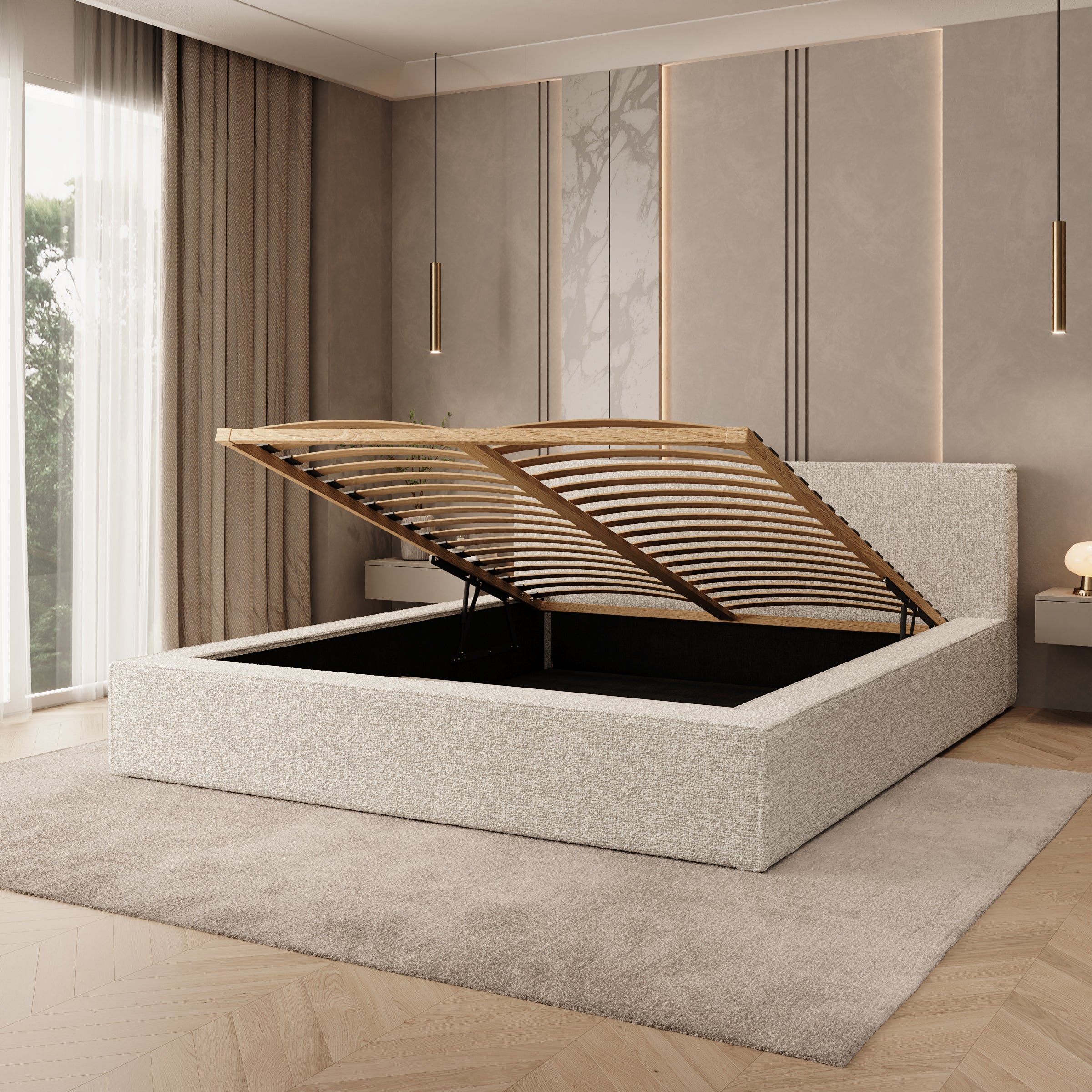 Kaiven - Tweepersoonsbed met opbergruimte - Stof beige - 160x200 cm