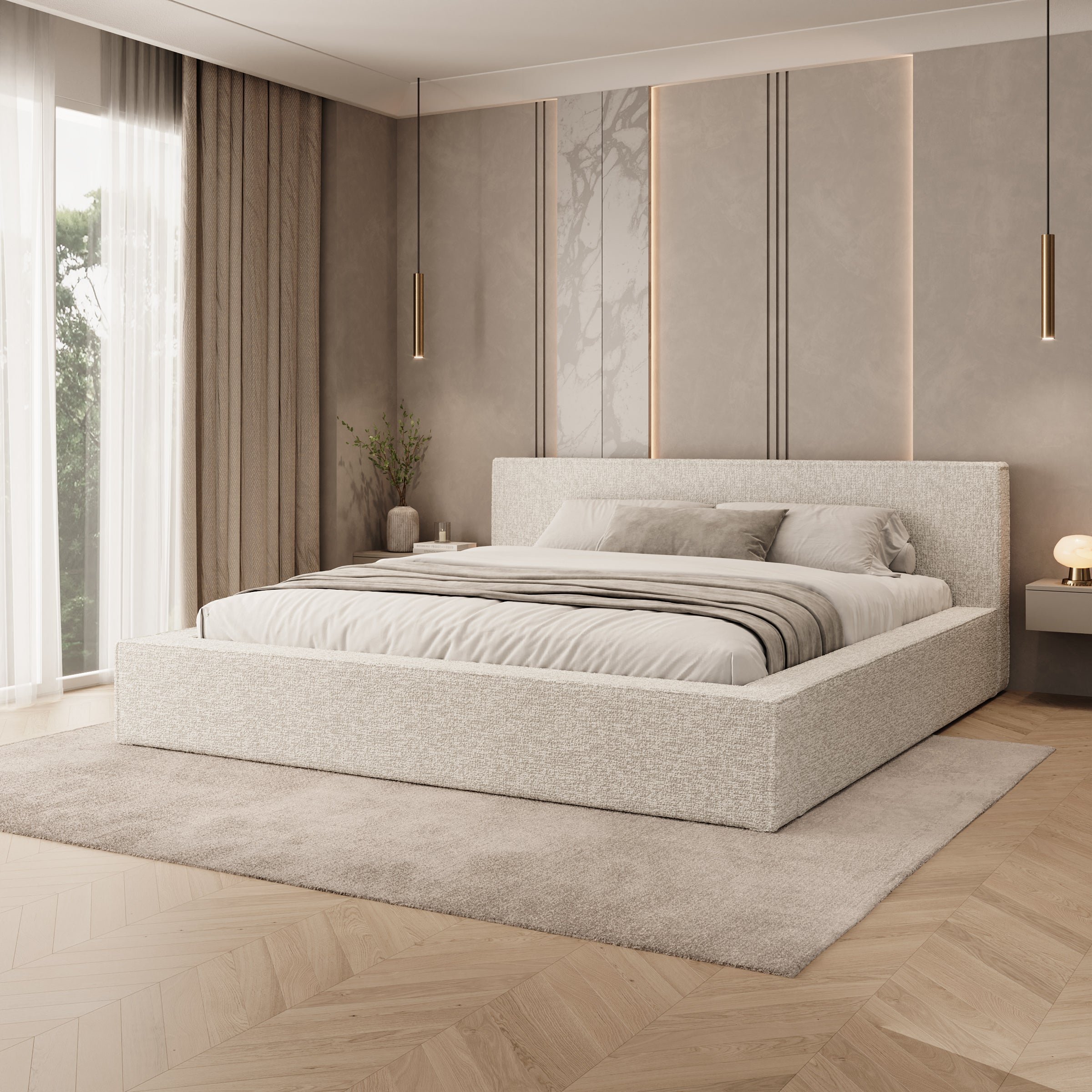 Kaiven - Tweepersoonsbed met opbergruimte - Stof beige - 180x200 cm