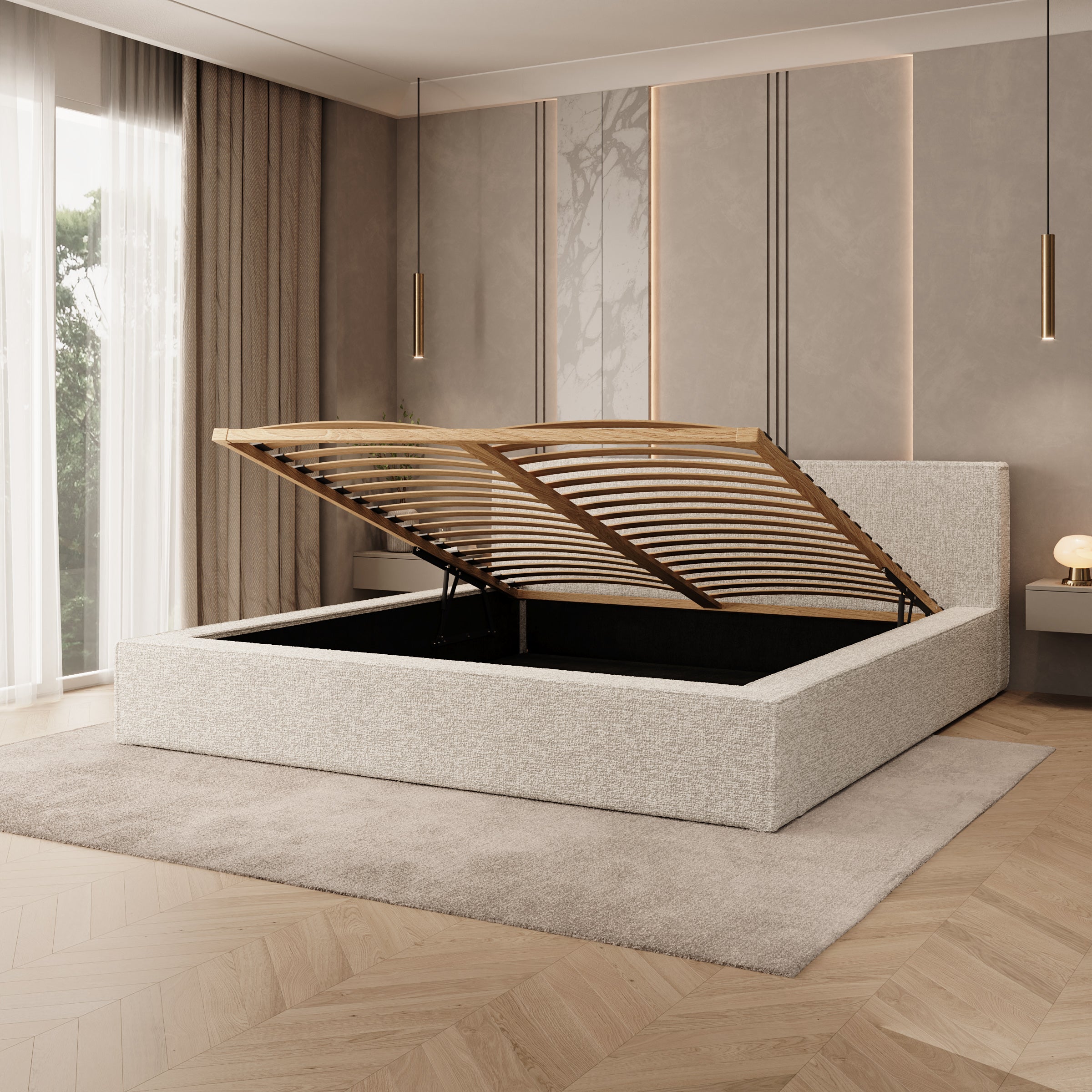 Kaiven - Tweepersoonsbed met opbergruimte - Stof beige - 180x200 cm