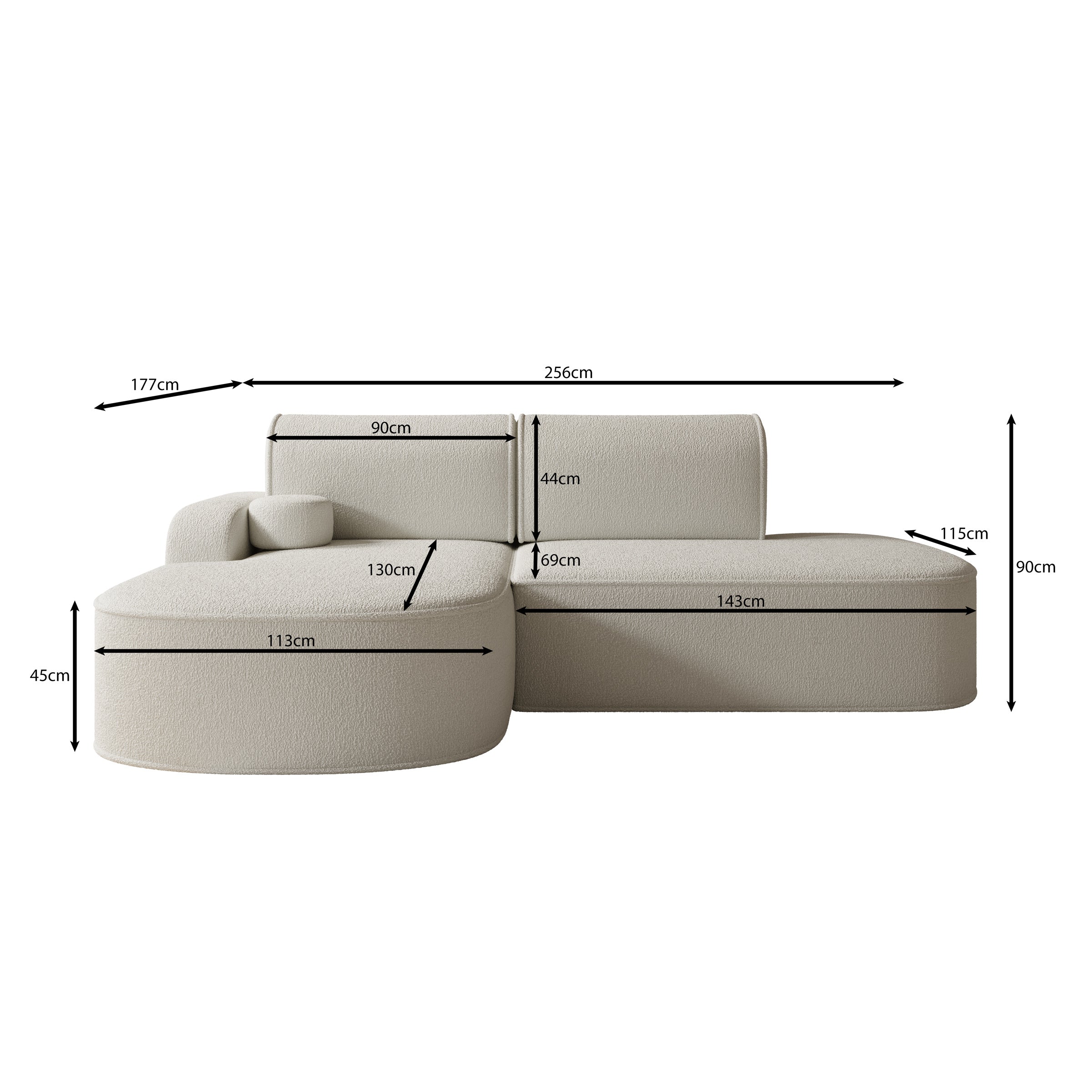 Kalero - Hoekbank 2-zits met chaise longue - Teddystof beige - Links