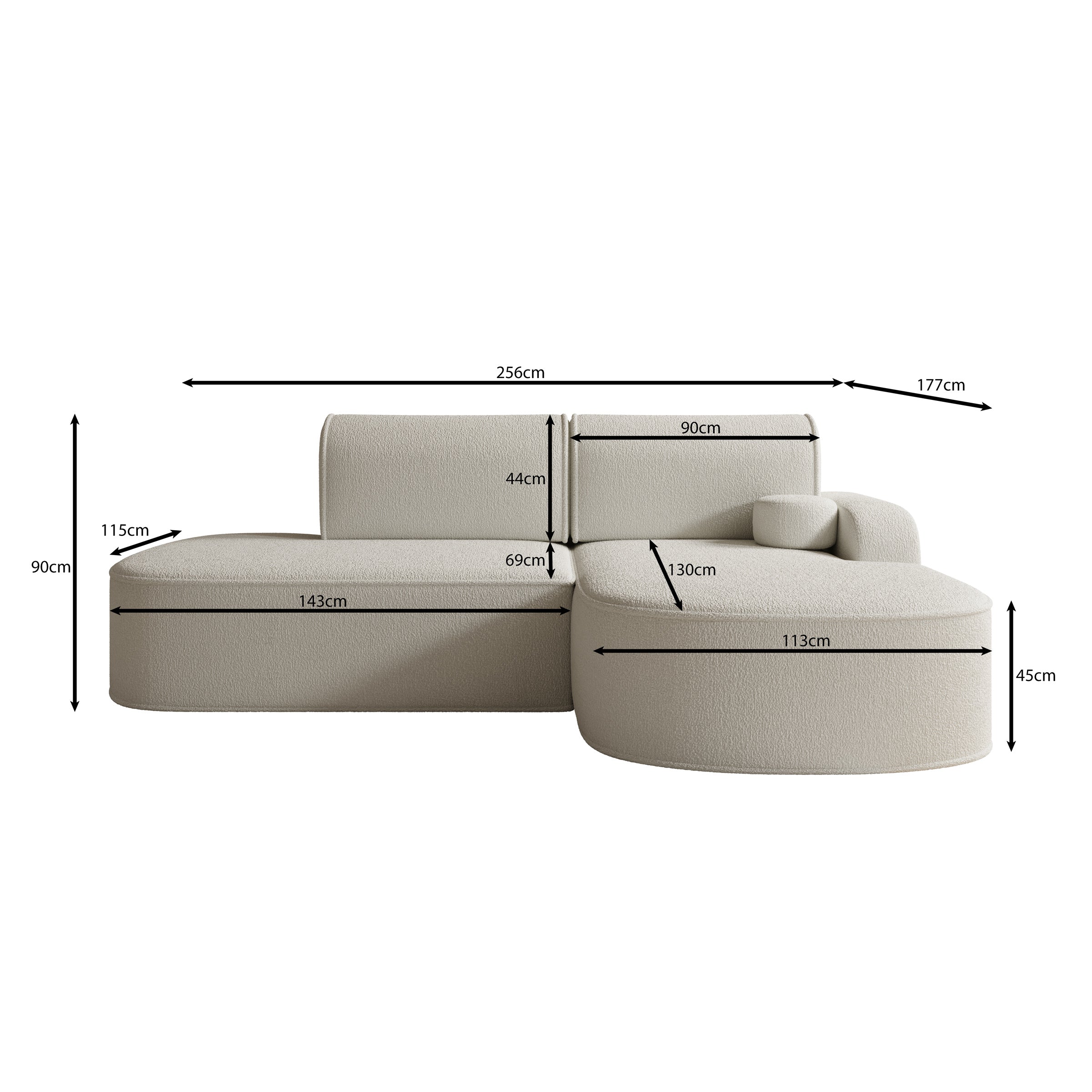 Kalero - Hoekbank 2-zits met chaise longue - Teddystof beige - Rechts